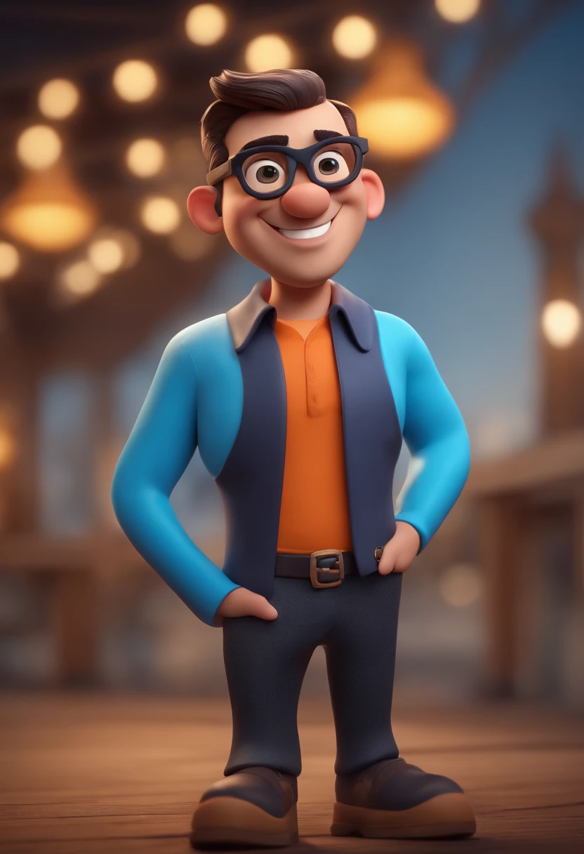 Cartoon character of a man with black glasses and a blue shirt, animation character,com escola no fundo, Caractere estilizado, animation style rendering, 3D estilizado, Arnold Maya render, 3 d render stylized, toon render keyshot, Personagem 3D, Personagem 3D, 3d rendering stylized, 3 d character render, personagem de desenho animado, Personagem de close up, Pose de personagem, (Estilo Pixar) (master part:1.2) (Bokeh) (best quality) (pele detalhada) (textura detalhada) (8k) (argila) (Cinematic lighting) (foco nítido