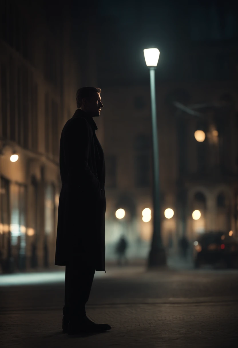 (best quality,4k,8k,highres,masterpiece:1.2),ultra-detailed,realistic,photorealistic:1.37,man in black clothes,man in black clothes pose like serial killer in 90's movie,raytraced,depressing city,streetlamp-lit background,exploring city at night,volumetric lighting