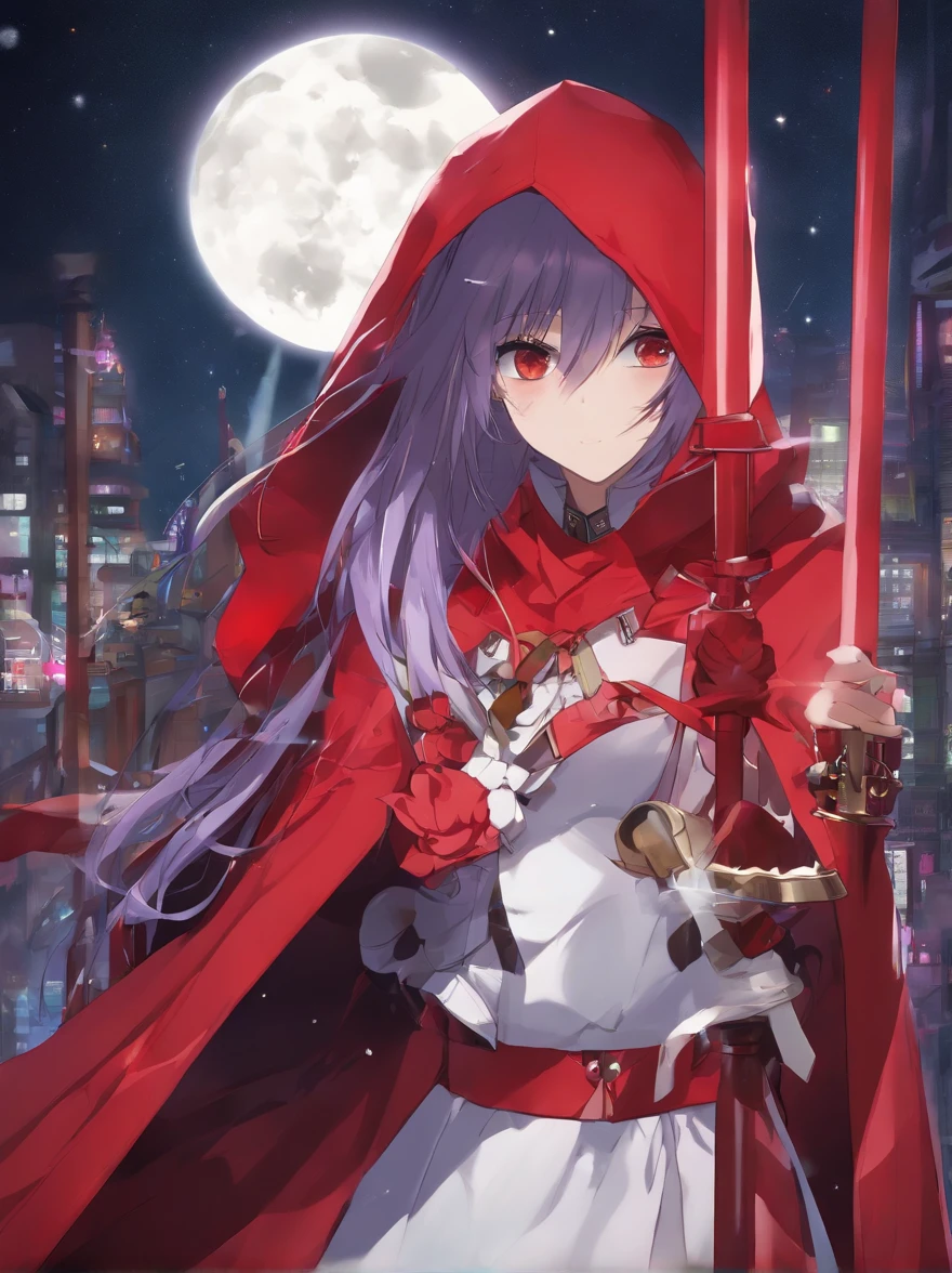 masutepiece, Best Quality, (the Extremely Detailed CG Unity 8K Wallpapers), (Best Quality), (Best Illustrations), (Best Shadows),
(((Particle effect))), Isometric 3D, Octane Rendering, Ray tracing, super detailed,
((((Princess of Moonberg)))), ((1little girl)), 13years, ((drooing eyes)),(((deep purple hair))), ((Blunt bangs)), (Fluffy long hair), (Deep red eyes), Pearl earrings,
((((red hood)))), (Roto emblem on the hood), (((Red Stall))), ((White robe with red edging)),
Holding a magic wand in his left hand,
Full body, View from below, Looking back,