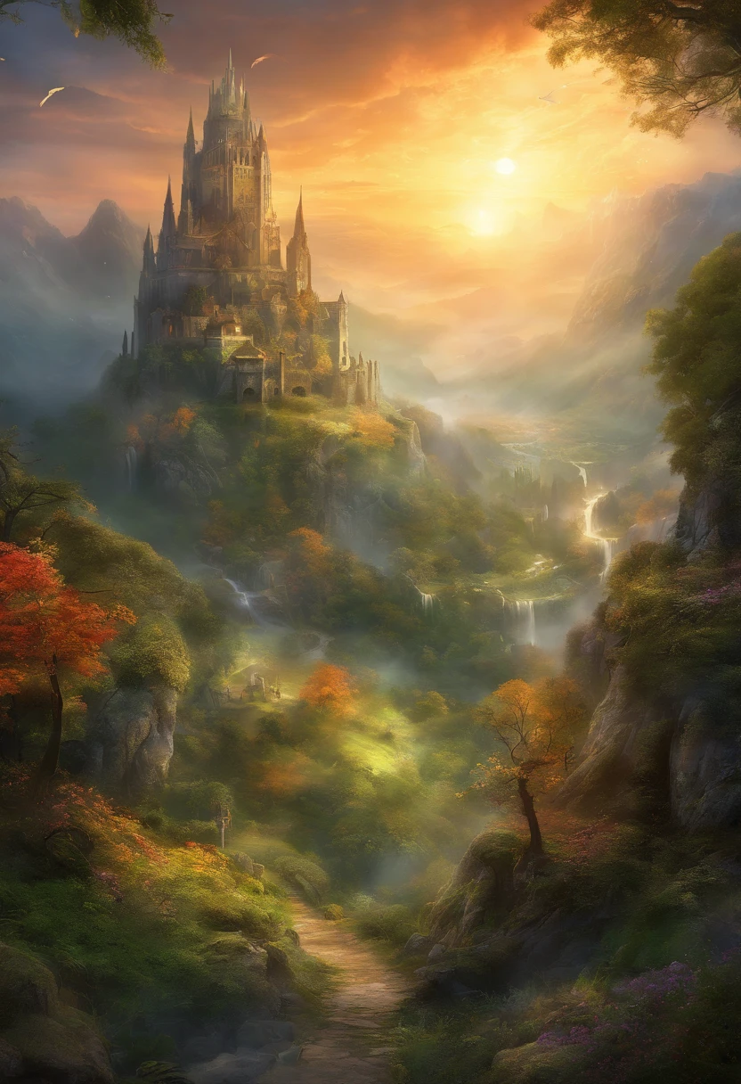 (best quality,4k,8k,Altas,master part:1.2),ultra-detalhado,(Realistic,fotorrealista,photo-realistic:1.37),Landscape,Montanhas,Vales,magical forest,cores encantadoras,Mundo de fantasia,Castelo de Sauron,Rios majestosos,cachoeiras pitorescas,atmosfera enevoada,natureza intocada,ancient ruins,mythical creatures,Mystical fog,Luz Divina,Legendary Landscapes,Peaceful Serenity,magical beings,ethereal beauty,elven architecture,Epic adventure,Vistas hipnotizantes,spectacular sunset,beleza cativante,Mundo Encantado,Cosmic Power,Reino esquecido,Fairytale setting,Tesouros escondidos,reino encantado,Mythical setting,Historical Landmarks,atmosfera encantada,Fantastic charm,Grandeza majestosa