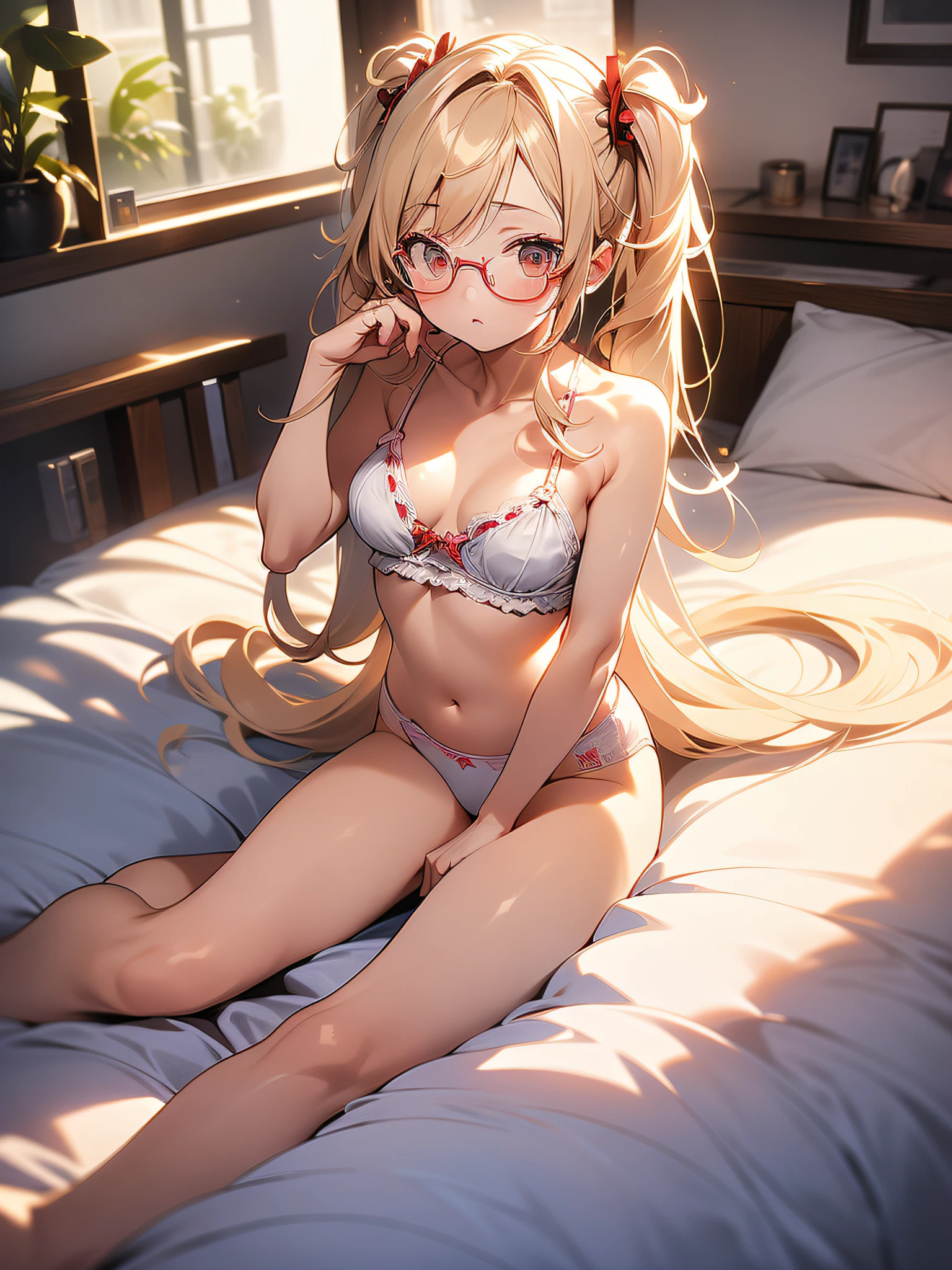 in 8K、top-quality、​masterpiece、ultra-detailliert、Ultra-high resolution、((1 persons))、girl with、a blond、Twin-tailed、Round big lens glasses、Medium chest、on the beds、(((natta)))、(darkened room)、Red face、White underwear、embarrassed from、look up to
