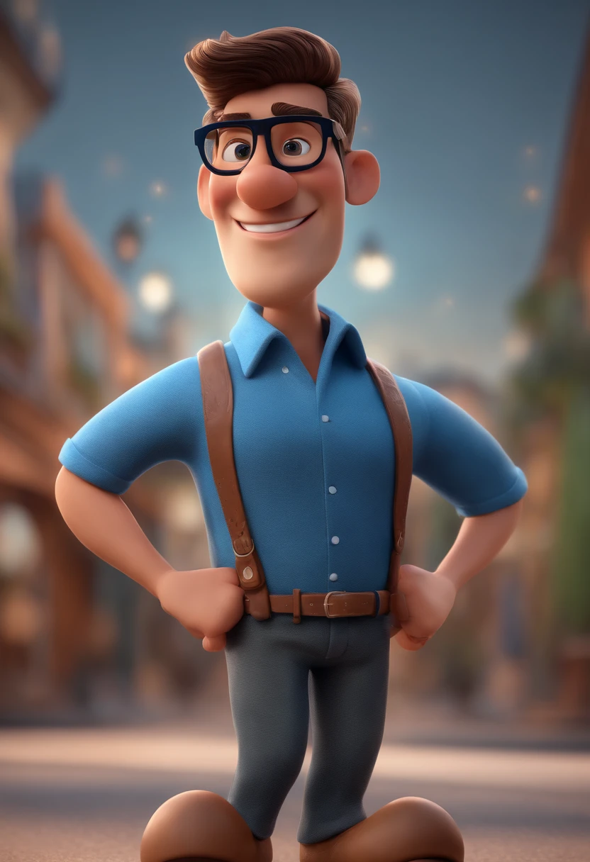 Cartoon character of a man with black glasses and a blue shirt, animation character, Caractere estilizado, animation style rendering, 3D estilizado, Arnold Maya render, 3 d render stylized, toon render keyshot, Personagem 3D, Personagem 3D, 3d rendering stylized, 3 d character render, personagem de desenho animado, Personagem de close up, Pose de personagem, (Estilo Pixar) (master part:1.2) (Bokeh) (best quality) (pele detalhada) (textura detalhada) (8k) (argila) (Cinematic lighting) (foco nítido