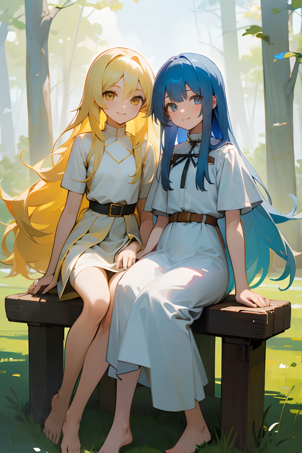2 white anime girls. The girl on the right: "long blue hair, blue eyes, long plain white dress, leather belt, barefoot, sitting on a wooden stool, smiling, looking to the viewer." The girl on the left: "long yellow hair, yellow eyes, long plain white dress, leather belt, barefoot, standing, looking to the girl on the left, smiling face." The 2 girls are far away from each other. Grassy field, forest background.