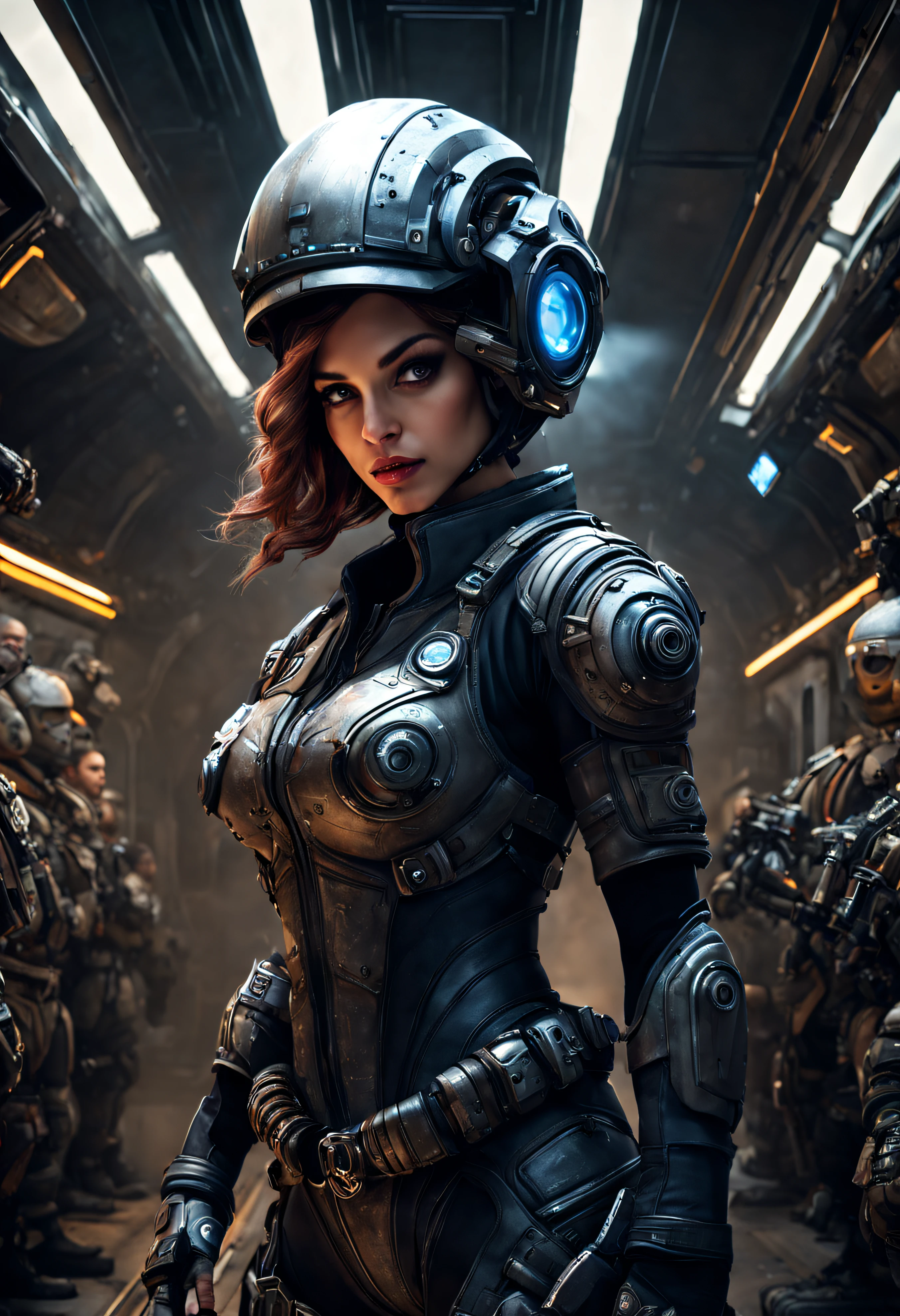 mujer alienigena extraterrestre, considerada como una de las razas mas bellas de la galaxia, con una cara, ojos y labios sensuales, vestida con uniforme sexy de gears of war, ((se encuentra en centro de control de estacion espacial)). hiperrealista, imagen nitida, 8k. imagen cinematografica. (intrincados detalles de la maquina)