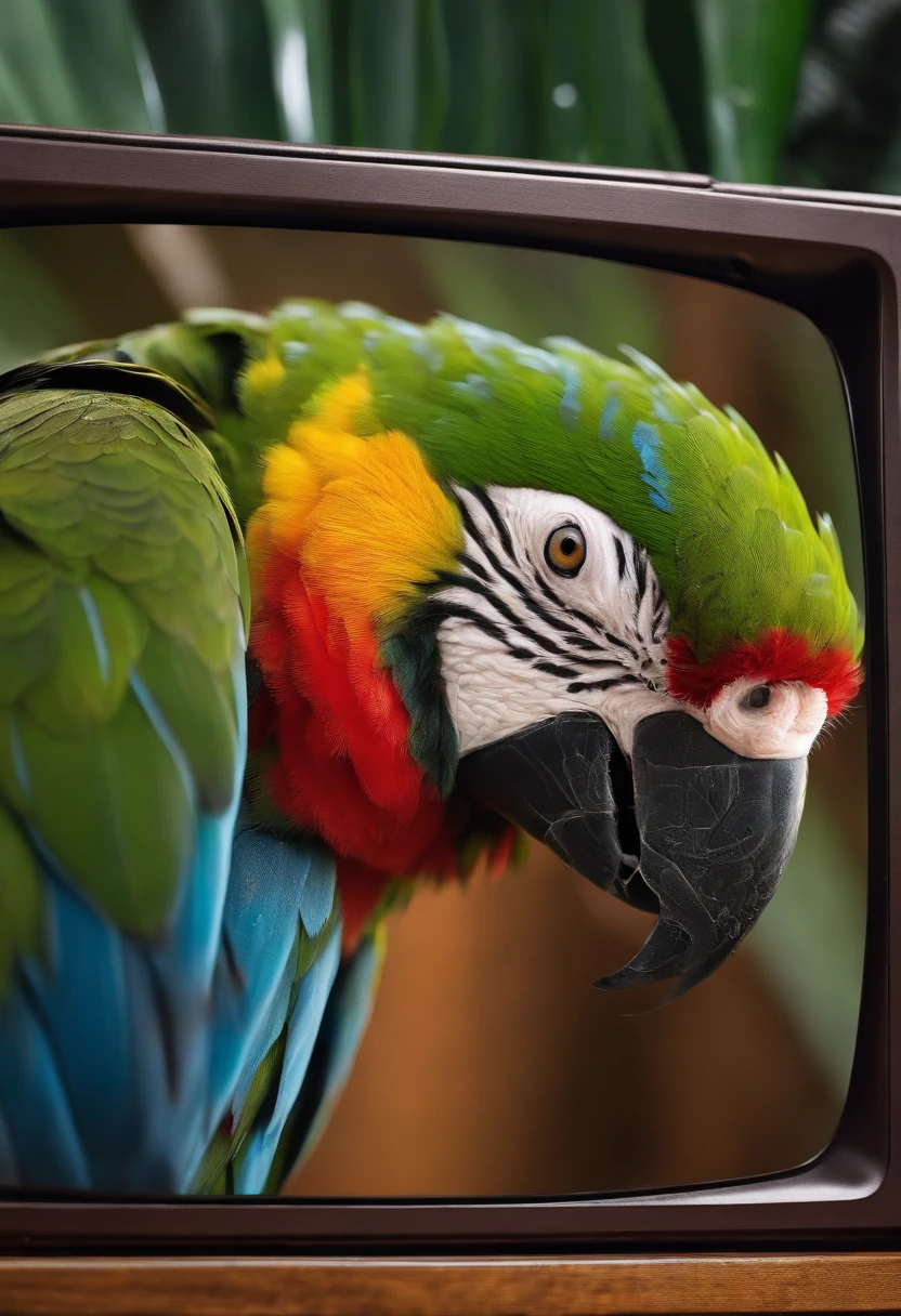 Happy amazon parrot over a tv with a shower on top with water dripping over it