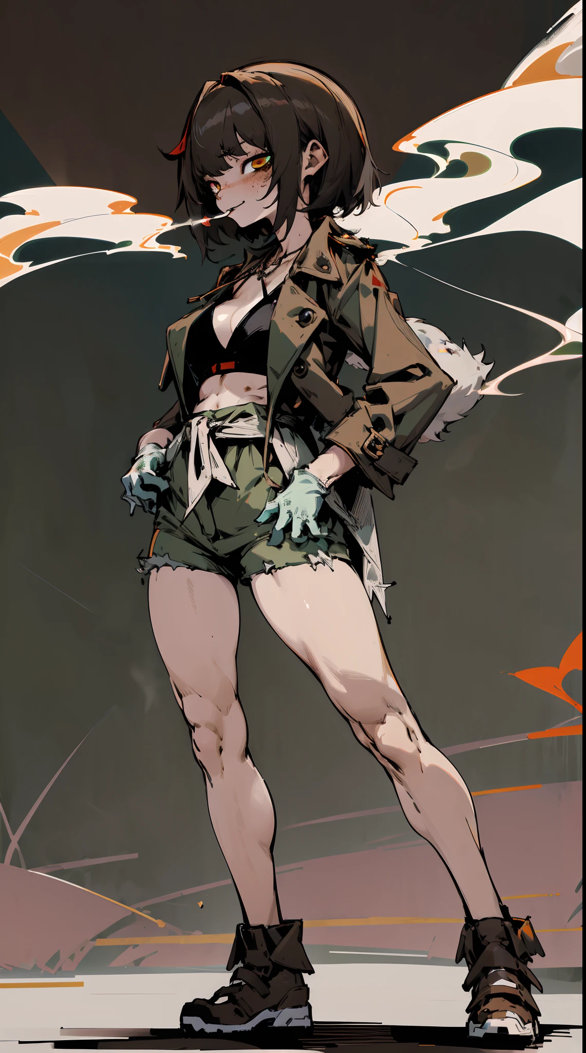 femele,Pokekid,Sexy body,Wearing a tattered green trench coat outside,Only a bikini was worn inside,huge tit,Wearing white gloves,brown shorts,Leg loops are tied to the legs,with short brown hair,red color eyes,Evil smile,Terrifying eyes,Several machetes hung from his waist,smoking girl,Full body like,Stand up,Golden eyes,Lots of detail,illustration,CG,quadratic element,high qulity,tmasterpiece,Cyberworld,jk style,smoking girl,bags under eyes,eyeliner,makeup