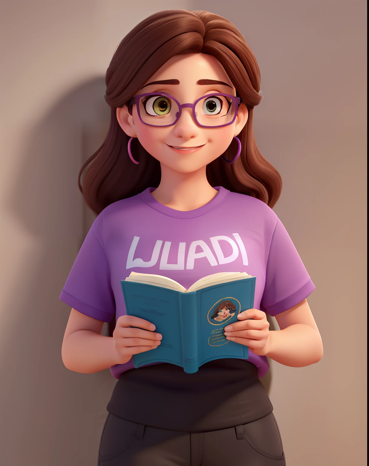 Uma linda mulher, de 33 anos, medium and straight brown hair, alta, Medium weight, not so thin nose, fleshy lips, bem desenhados, Magenta glasses, 4 brincos na orelha, T-shirt and black pants, olhos arredondados e castanhos, com covinhas no sorriso, maquiada, com sombra esfumada marrom, large eyelashes, sobrancelha arqueada, blush, professora, na sala de aula, with a Bible in His hand.