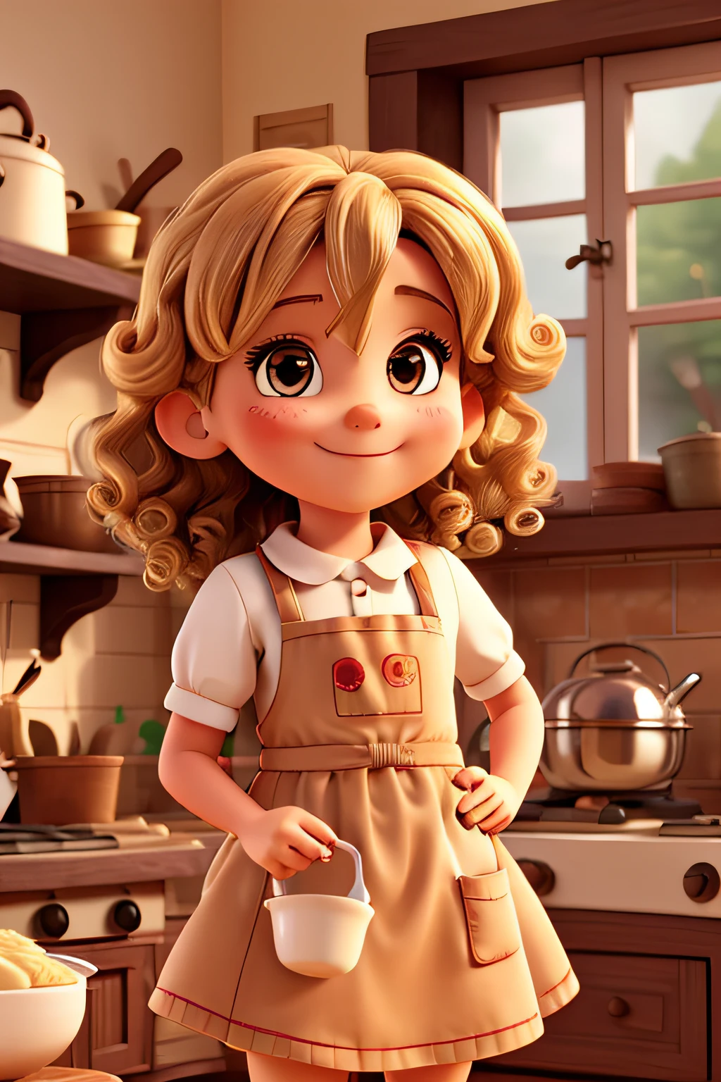 Minni and smiling brown eyes blonde curly hair at the ends dressed as a baker cooking