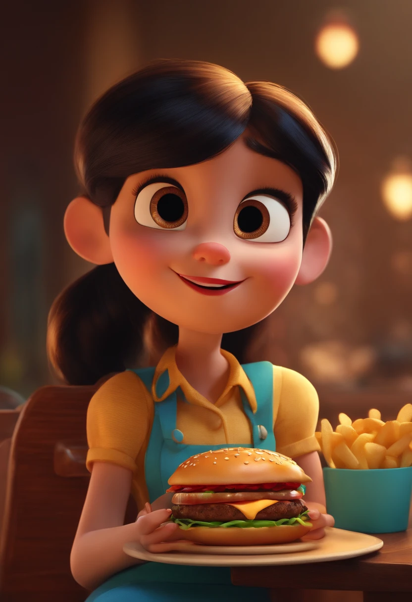 Make a Girl, She's hungry, como Disney Cartoon, She's eating hamburger, Pixar, ..3d, Disney