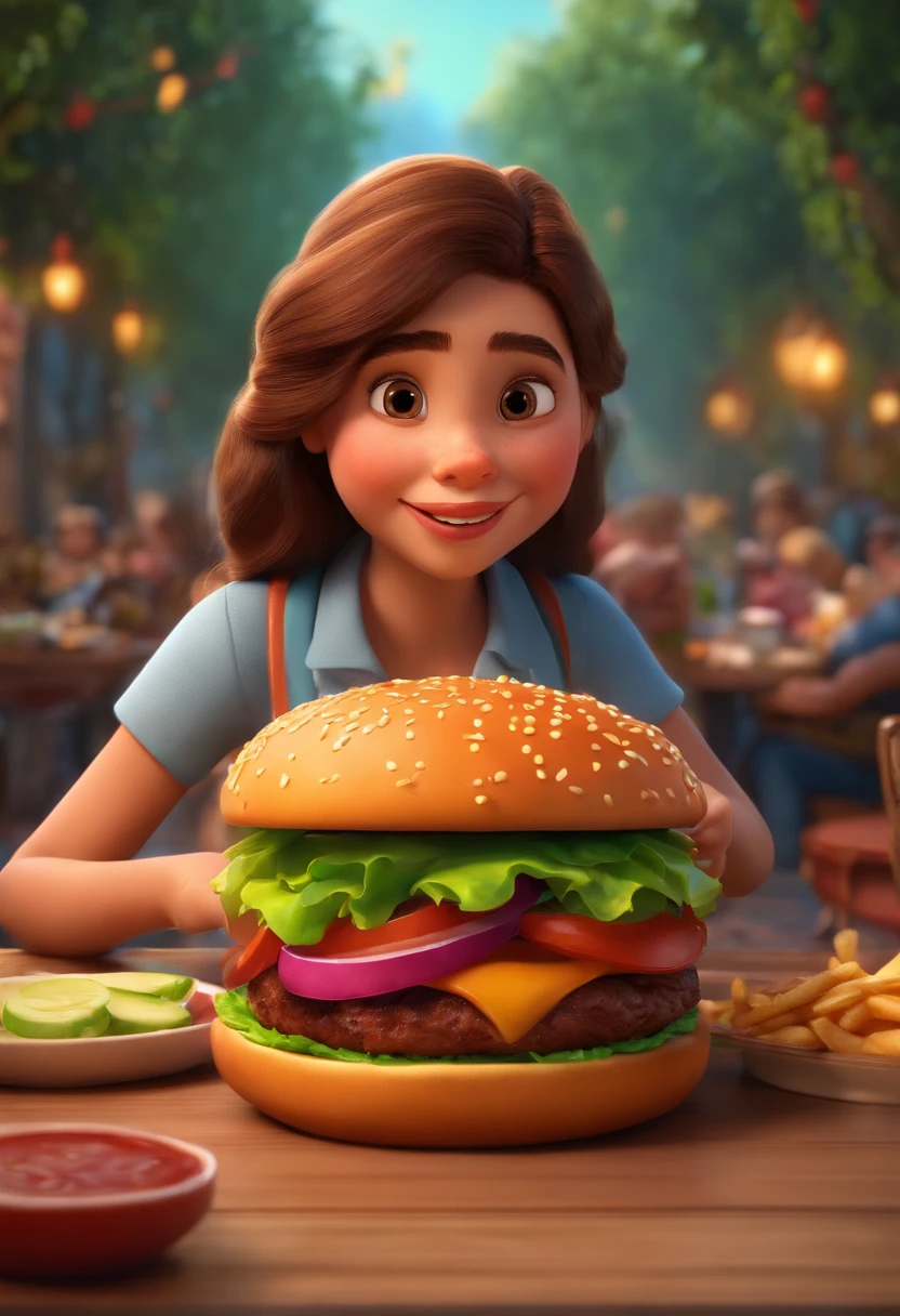 Make a Girl, She's hungry, como Disney Cartoon, She's eating hamburger, Pixar, ..3d, Disney
