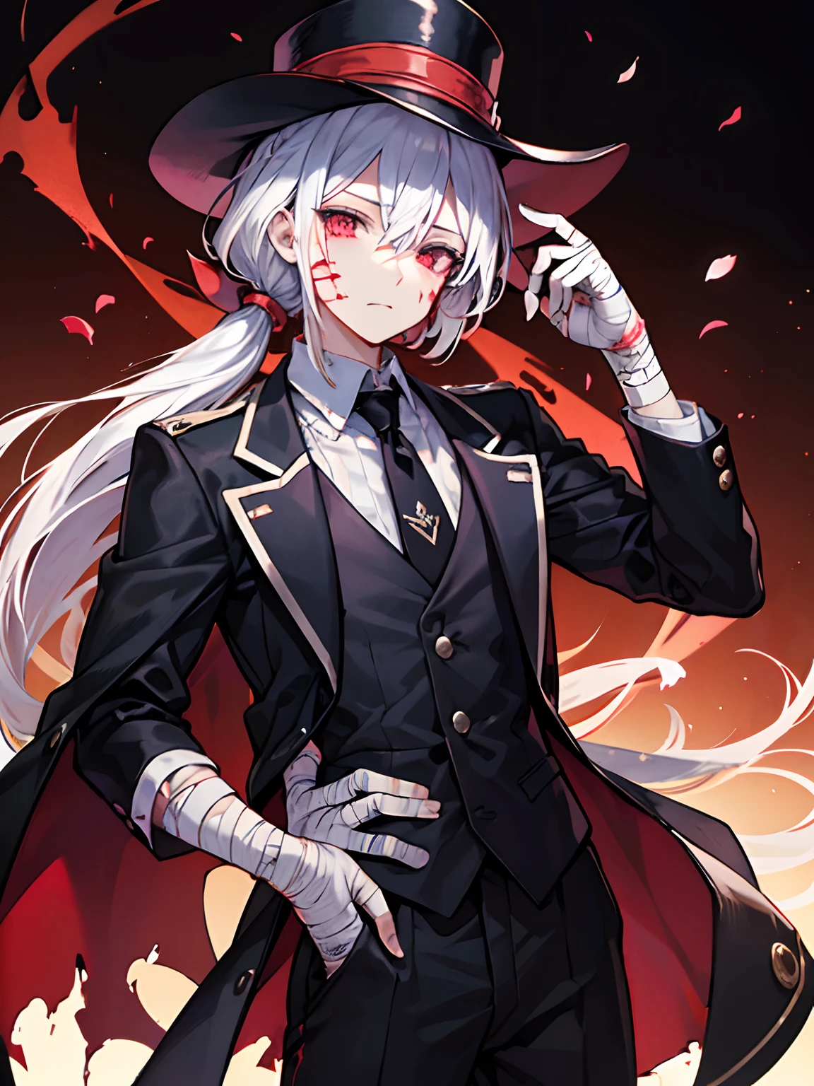 male in his 20s、white  hair、poneyTail、tailcoat、neck tie、Hats、Has an injury to the arm、Clothes are slightly torn、Somewhat bloody、bandaged、grim facial expression、Decadent atmosphere