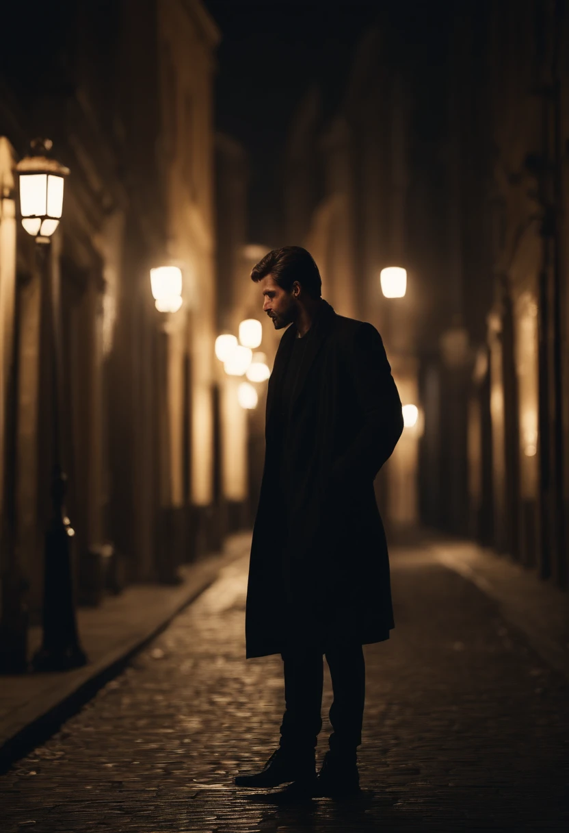 (best quality,4k,8k,highres,masterpiece:1.2),ultra-detailed,realistic,photorealistic:1.37, man in black clothes,pose like serial killer in 90's movie,raytraced,depressing alley city,streetlamp-lit background,exploring city at night,volumetric lighting