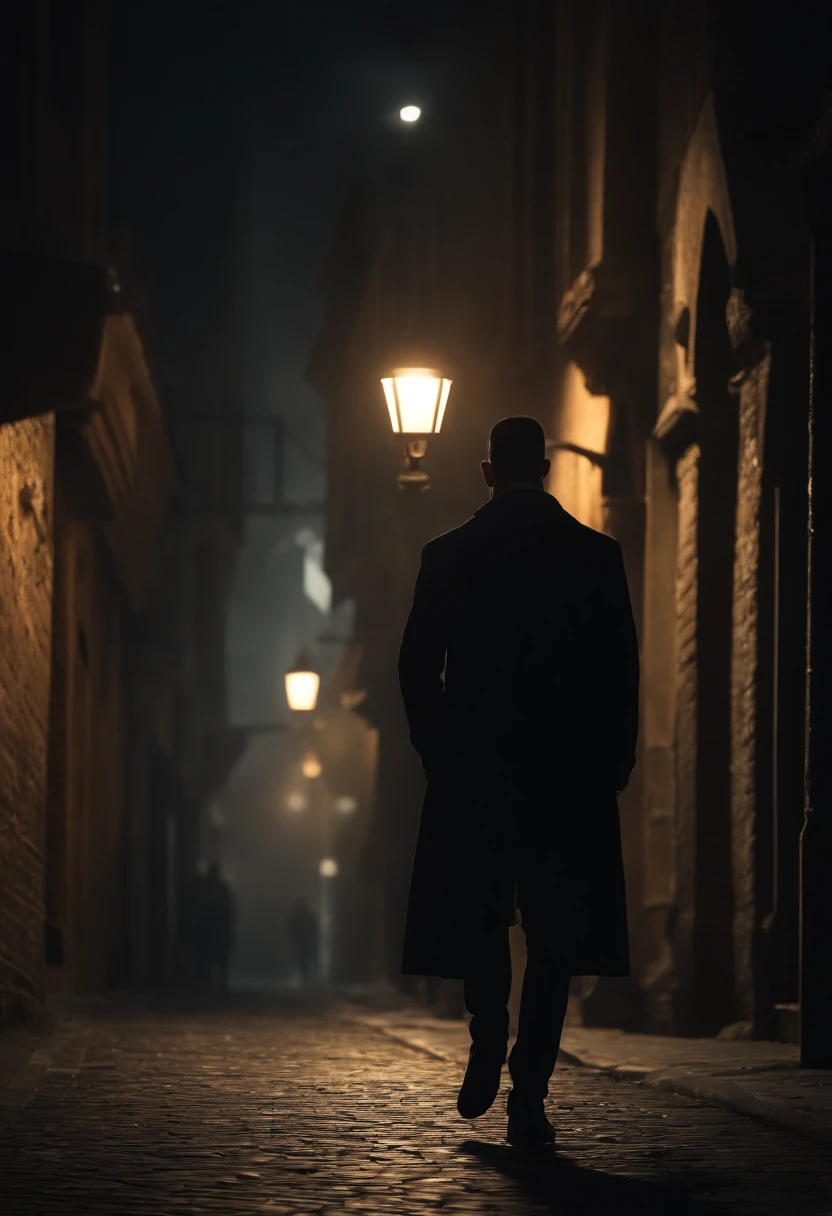 (best quality,4k,8k,highres,masterpiece:1.2),ultra-detailed,realistic,photorealistic:1.37, man in black clothes,pose like serial killer in 90's movie,raytraced,depressing alley city,streetlamp-lit background,exploring city at night,volumetric lighting