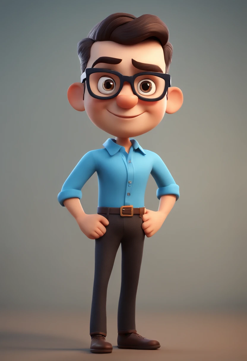 Cartoon character of a man with black glasses and a blue shirt, animation character,com escola no fundo, Caractere estilizado, animation style rendering, 3D estilizado, Arnold Maya render, 3 d render stylized, toon render keyshot, Personagem 3D, Personagem 3D, 3d rendering stylized, 3 d character render, personagem de desenho animado, Personagem de close up, Pose de personagem,  (Estilo Pixar) (master part:1.2) (Bokeh) (best quality) (pele detalhada) (textura detalhada) (8k) (argila) (Cinematic lighting) (foco nítido