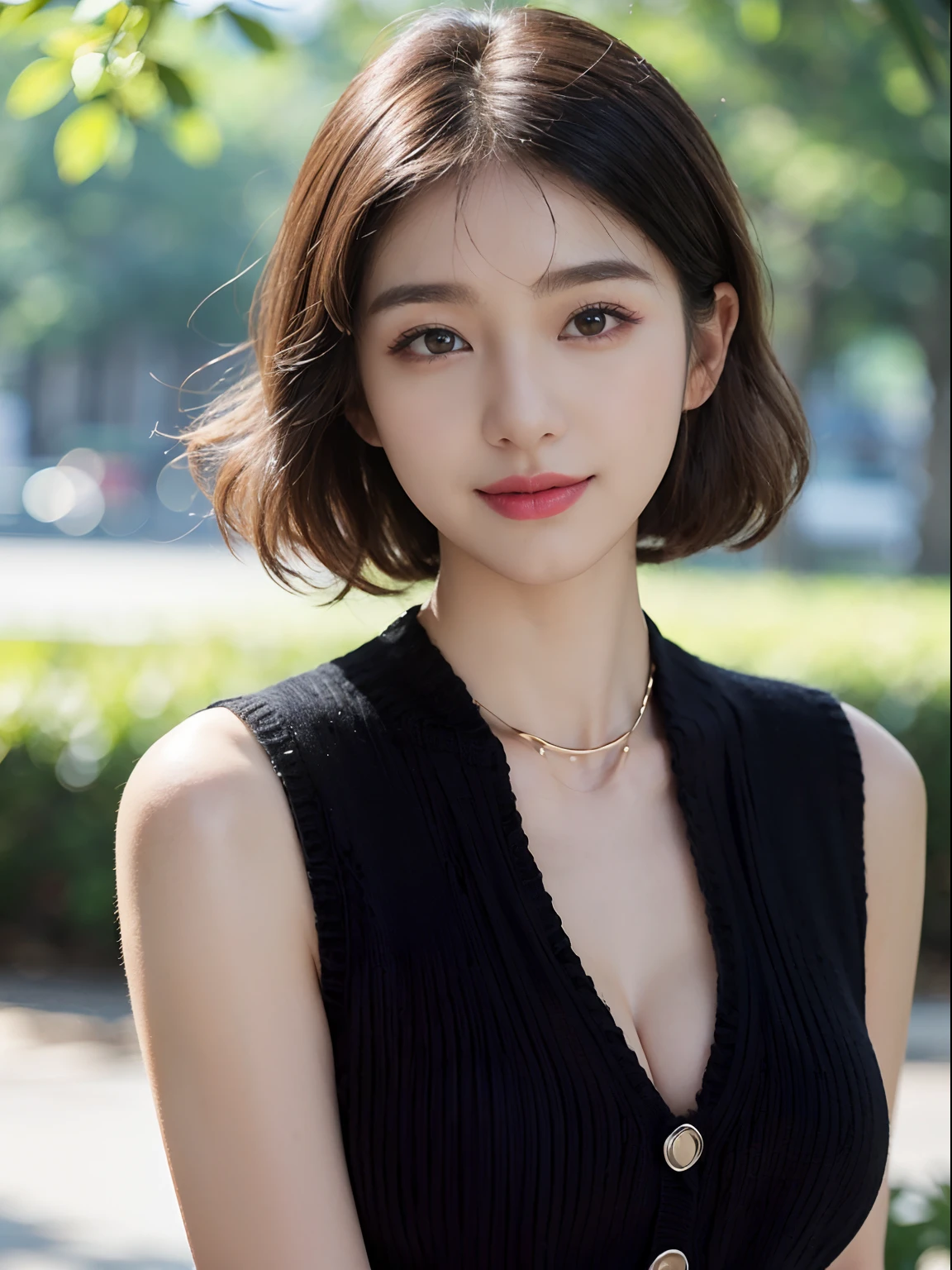 ((((top-quality))))、(((Ultra Precision CG16K Wallpapers)))、(((masterpiece)))、(((ultra-detailliert)))、(((Ultra-extreme details)))、One woman、a matural female、a 25yo woman、((Korean Face))、((extremely beautiful face))、((Korean Idols:1.8))、((bob cuts、curly hair:1.2))、(shinny hair)、Bangs up to the eyebrows、Beautiful brown hair、Beautiful delicate eyes、Brown eyes、lofty nose、small nostrils、seductive lips、slightly open mouth、Beautiful breasts、C-cup size breasts、cleavage of the breast、Plump body、perfectly proportions、perfect anatomia、Beautiful and detailed shading、Beautiful natural lighting、Beautiful detail glow、depth of fields、(((a high chroma)))、((realisitic:1.9))、((Vivid:1.4))、((Beautiful skin))、((Skin texture))、((Realistic skin feeling))、perfect-composition、((a closeup))、((Angle of view from the front))、((a smile:1.2))、(Staring eyes)、Bright sunshine、((a park:1.2))、(Background blur)、((Black summer knitwear、sleeveless、high-necked:1.5))、(shairband)、