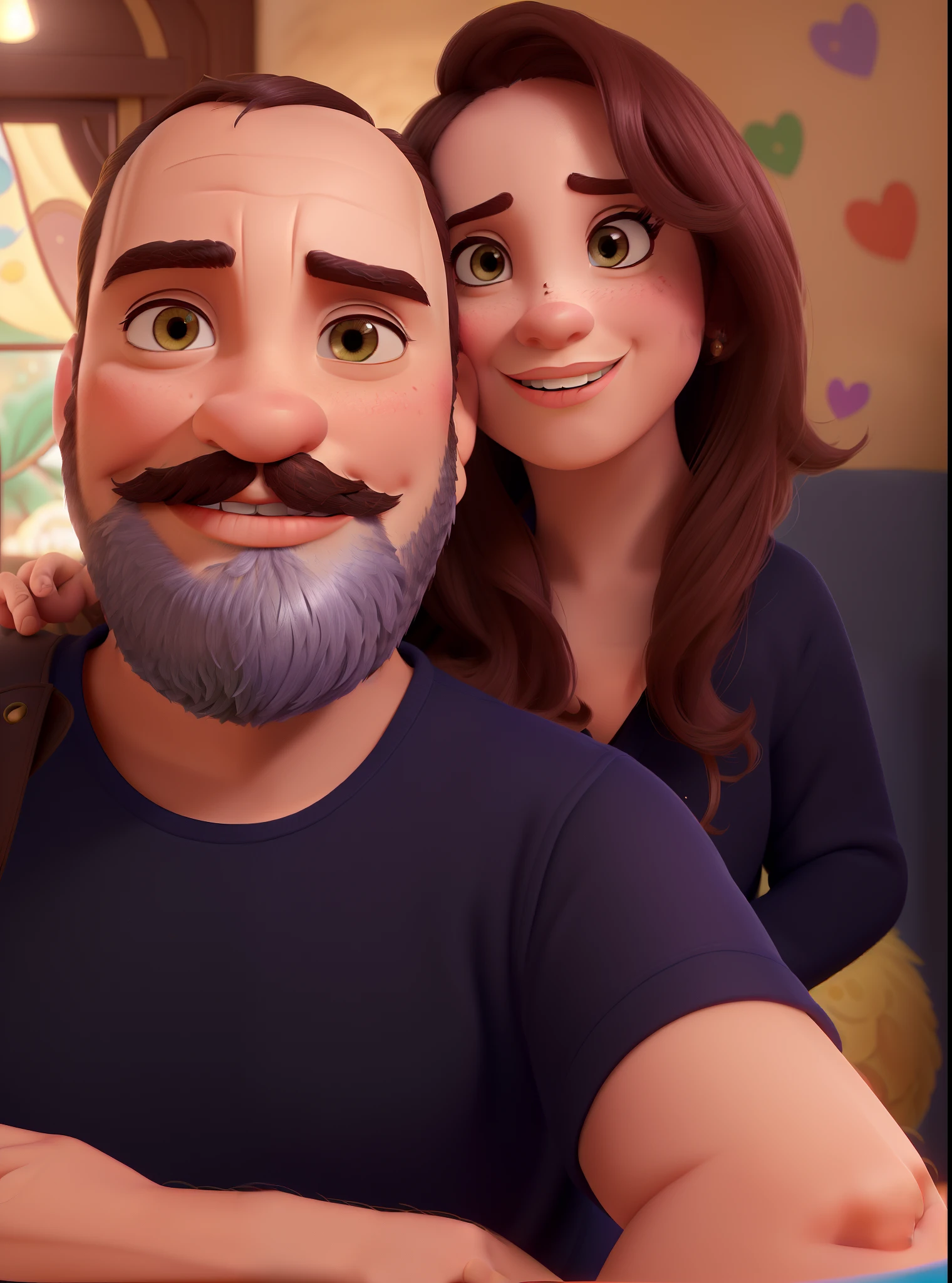 (Um casal no estilo Disney Pixar, alta qualidade, best quality),(detalhe na barba baixa e bigode grande)(Realistic lighting and details), (personagens lindamente texturizados),(atmosfera de desenho animado), (charmoso e caprichoso),(magical surroundings), (expressivo e animado),(Expressive and detailed facial features),(Emotional connection between the couple),(dynamic and playful poses),(Charismatic expressions full of love),(olhos cativantes e detalhados),(roupas coloridas e animadas),(Romantic and dreamy scenery),(jardim exuberante e vibrante),(fundo de conto de fadas),(Soft lighting and Warm),(Magical and shiny elements),(artistic and pictorial traits),(Cinematic composition and framing),(Rich, textured surfaces),(Elementos de fantasia incorporados),(Adorable and quirky helper),(Atemporal e encantador),(imersivo e cativante),(cheio de alegria e amor).