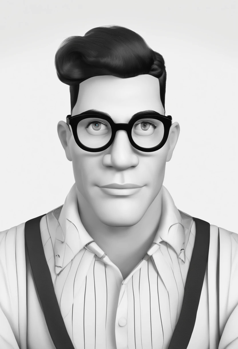 A tall 36-year-old man wearing black-rimmed glasses, short and upturned hair, black hair and light skin from dreams, inspired by Pixar animation, de perto. The character takes center stage with captivating facial expressions, oferecendo um toque de irrealidade