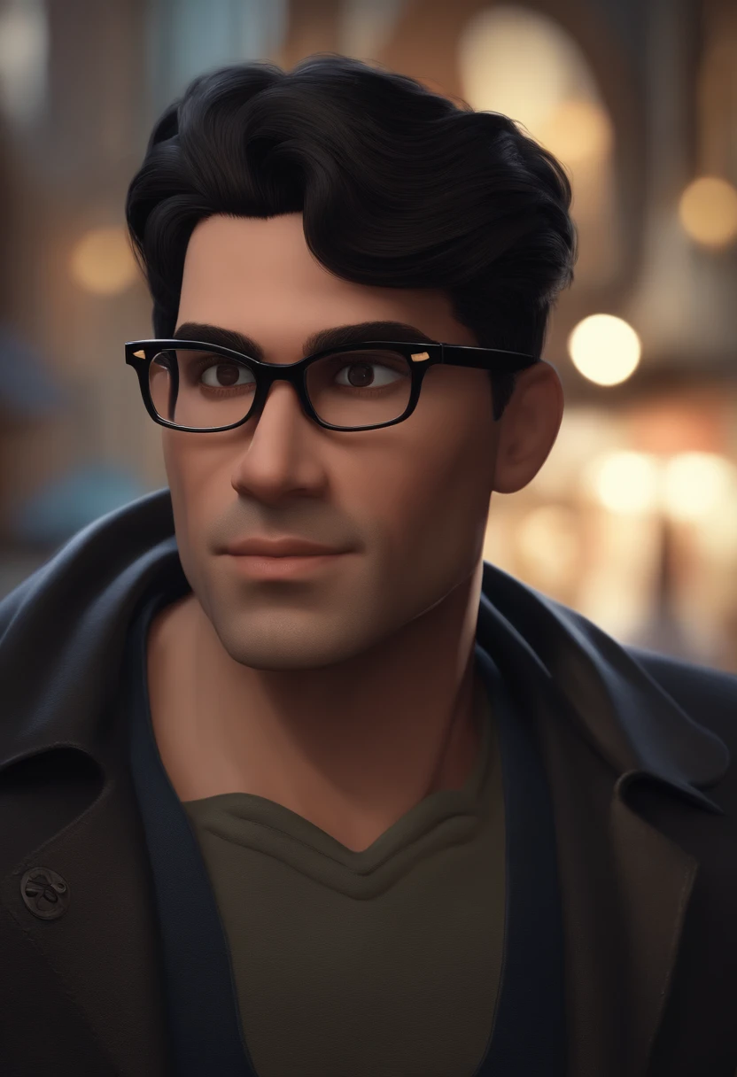 A tall 36-year-old man wearing black-rimmed glasses, short and upturned hair, black hair and light skin from dreams, inspired by Pixar animation, de perto. The character takes center stage with captivating facial expressions, oferecendo um toque de irrealidade