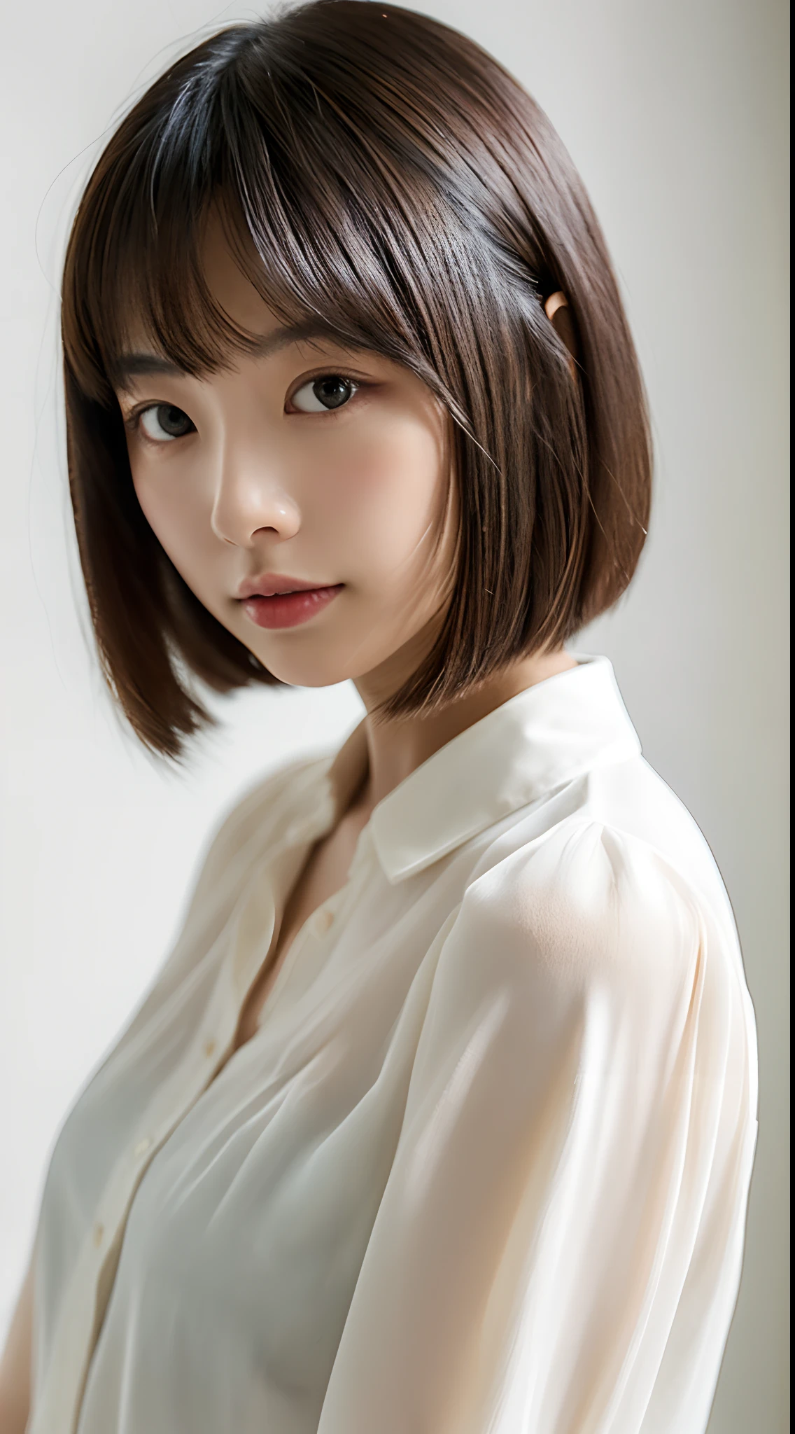 ((masterpiece,top-quality)), (photographrealistic:1.4),((masutepiece,8K)) ,Studio Soft Light, Rim Lights, vibrant detail, The ultra-detailliert, realistic skin textures, Detail Face, Beautiful detail eyes, Very detailed CG Unity 8k wallpaper, make - up, (detailedbackground:1.2), (cowboy shot:1.2),(perfect anatomia:1.2),Japanese, 1womanl, layers-Cut, Faint thin bunches of bangs, Age 32 years old, Detailed skin,tunic blouse, White background, White Room,white walls、looking at viewer