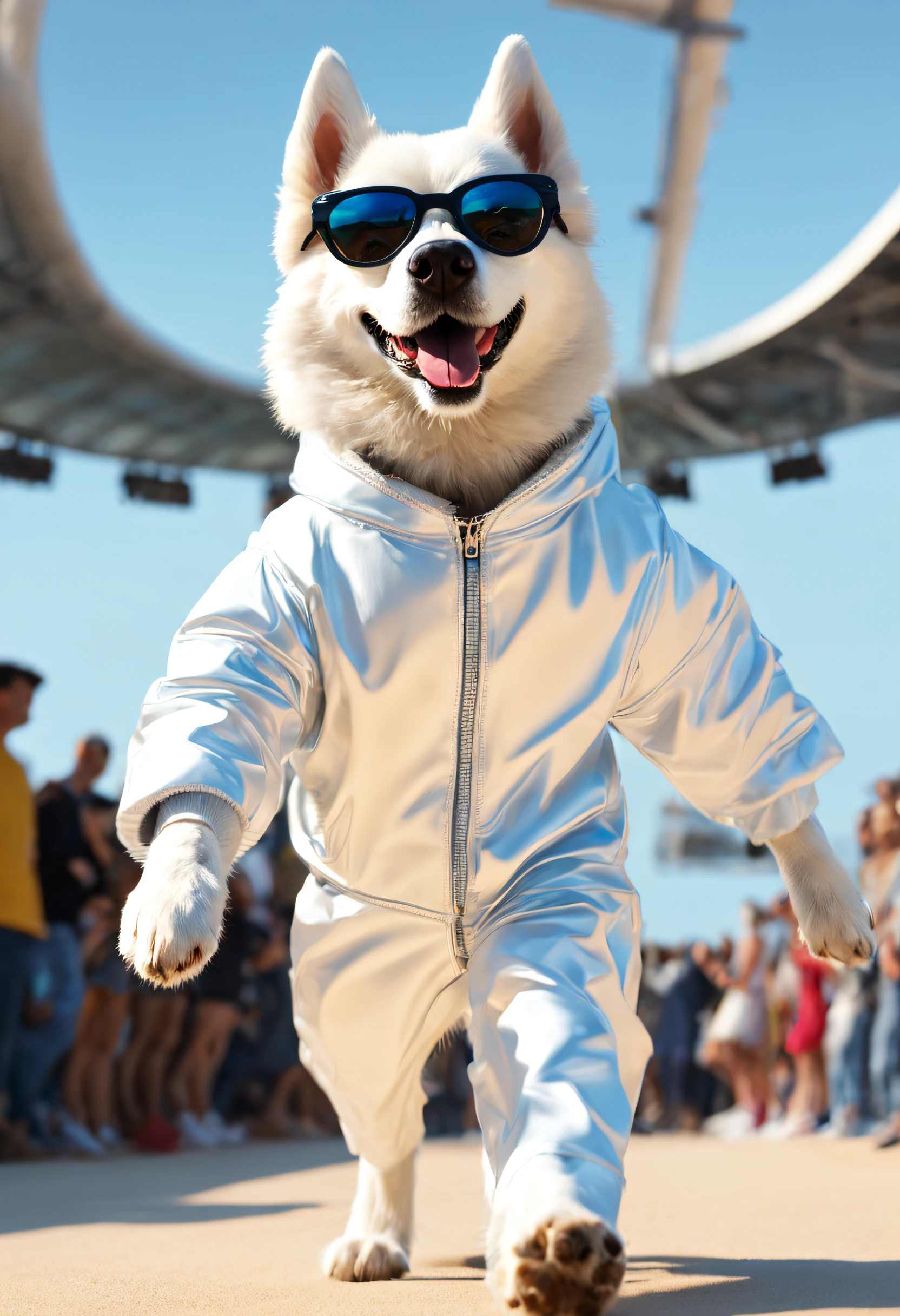 （A husky dog in a white jacket walks down the runway）, Doggy, （Human dog hybrids）, an all white human, highly fashionable, （Anthropomorphic dogs：1.1）Doggy, Wearing track suit, Funny dog, （Anthropomorphic dog white dog））, Dumb cute,  ( White clear dog ) ，Husky dog in white jacket walking on the catwalk
3D rendering, Very stylish dog, Wearing track suit, Funny dog, anthropomorphic dog 。White Dog, White (doggy) ,((Wearing cool sunglasses：1.3)), 
Background: The indoor runway is covered with fine sand, (Alberto Seveso: 1.37) Style, Catwalk scene, (((Runway scene))), The stage is covered with fine sand, Jupiter, Recife, Sand and foam,,{{Masterpiece}}, {{{Best quality}}},{{Ultra-detailed}}, {{illustration}}，,Photography,concept art of character,Pixar style,Ghibli style,Cartoon style,Vinyl figures,Caricature,Masterpiece,illustration,illusory engine,rendering by octane,Quixel Megascans Render,corona rendered,v-ray,Tilt-Shift,full bodyesbian,Long shot,rays of shimmering light,