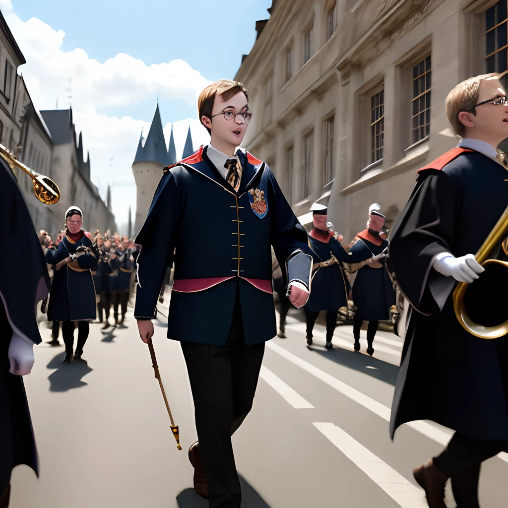 Photo of a Harry Potter-style man wearing glasses marching