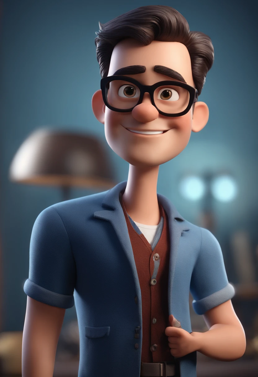 Cartoon character of a man with black glasses and a blue shirt, animation character, Caractere estilizado, animation style rendering, 3D estilizado, Arnold Maya render, 3 d render stylized, toon render keyshot, Personagem 3D, Personagem 3D, 3d rendering stylized, 3 d character render, personagem de desenho animado, Personagem de close up, Pose de personagem, (Estilo Pixar) (master part:1.2) (Bokeh) (best quality) (pele detalhada) (textura detalhada) (8k) (argila) (Cinematic lighting) (foco nítido