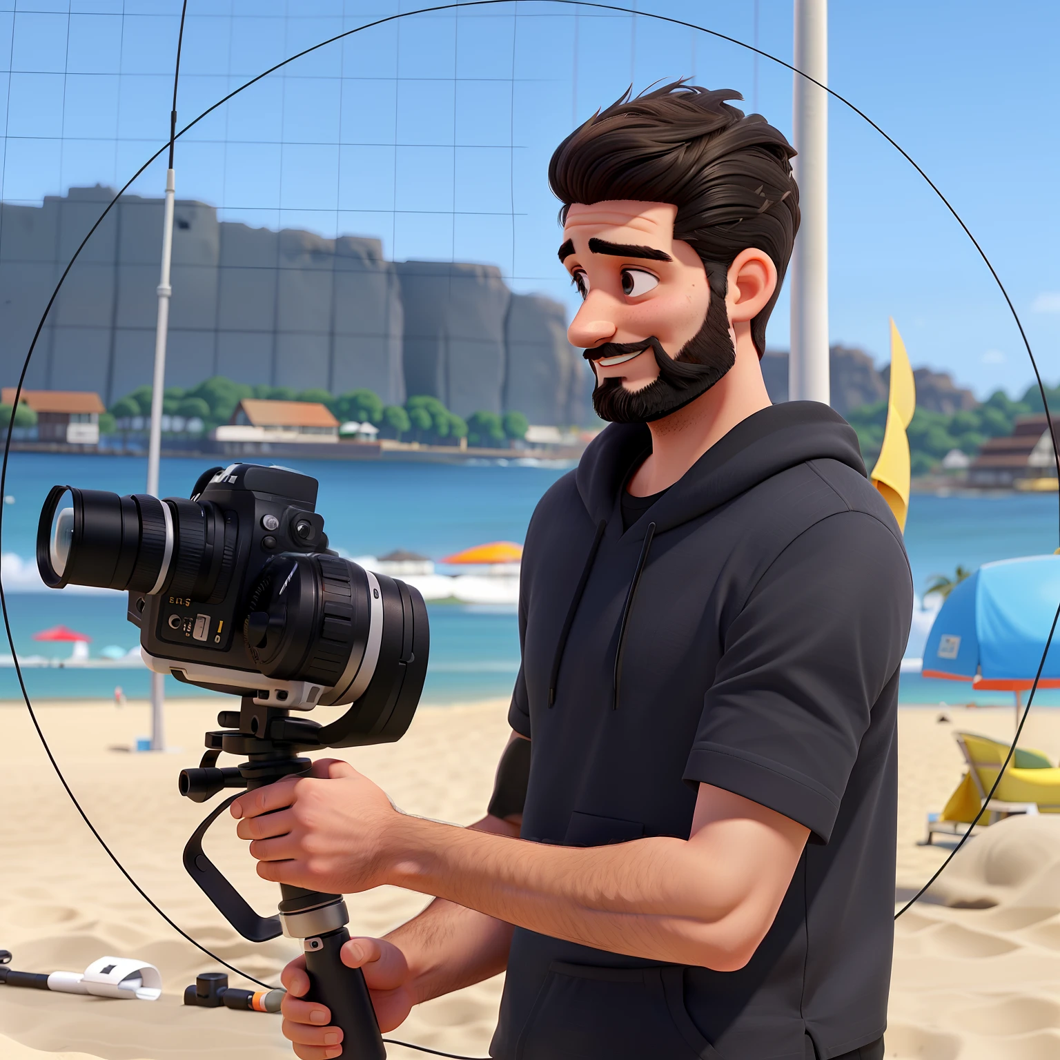 27 year old man working on the beach, with a gimbal and a camera in his hand, thin man with short hair combed back, clean beard and mustache with few hairs, a black shirt, looking at the photo and smiling