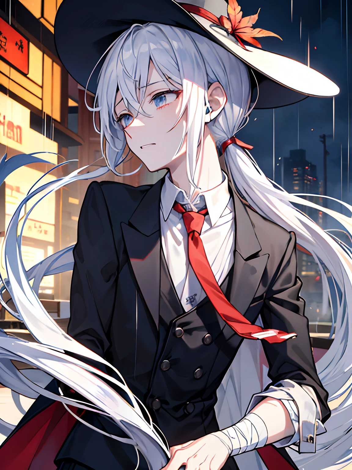 (masutepiece)(high-detail)male in his 20s、white hair、poneyTail、tailcoat、neck tie、The hat is falling off、bleed、injury、Clothes are slightly torn、fall、bandaged、Expression of melancholy、very heavy rain、asphalt