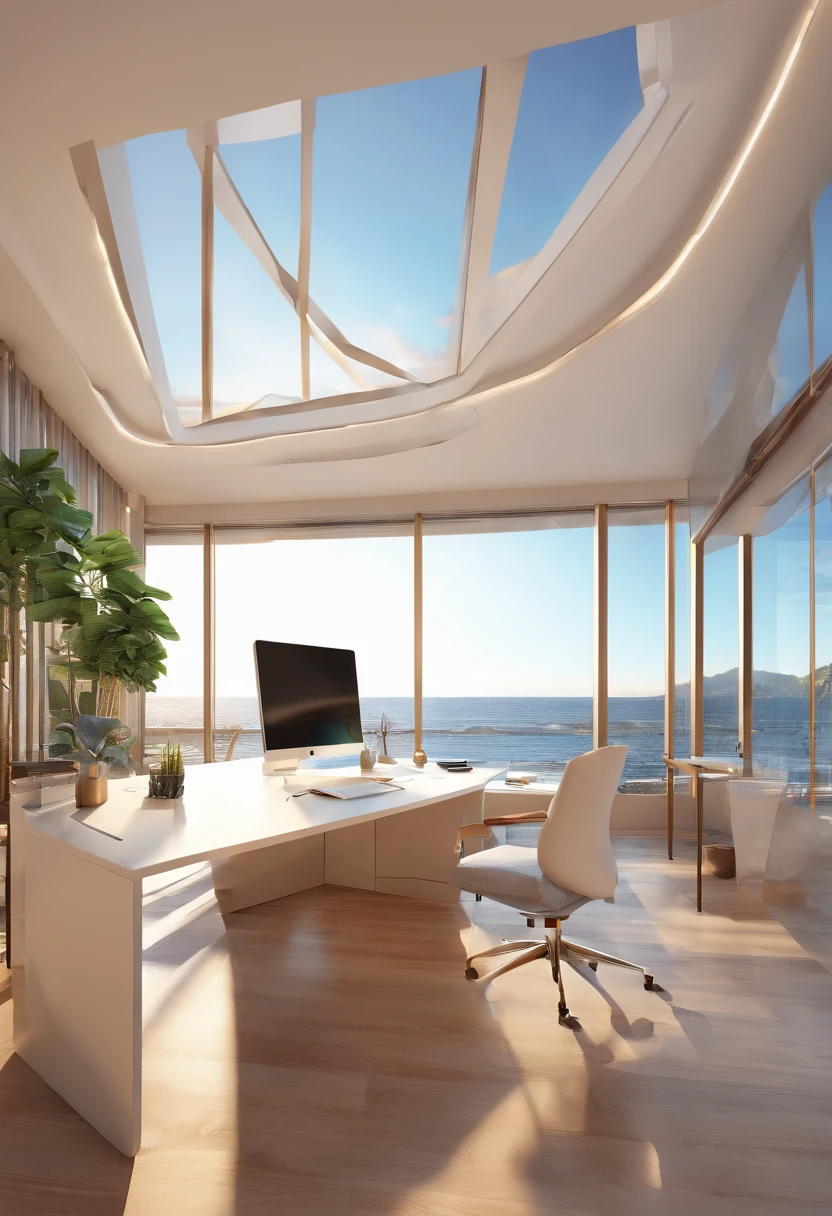 Office with panoramic sea view, mesas e cadeiras pretas, paredes brancas, LED lighting, piso em marmore