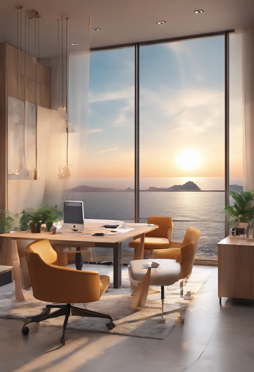 Office with panoramic sea view, mesas e cadeiras pretas, paredes brancas, LED lighting, piso em marmore
