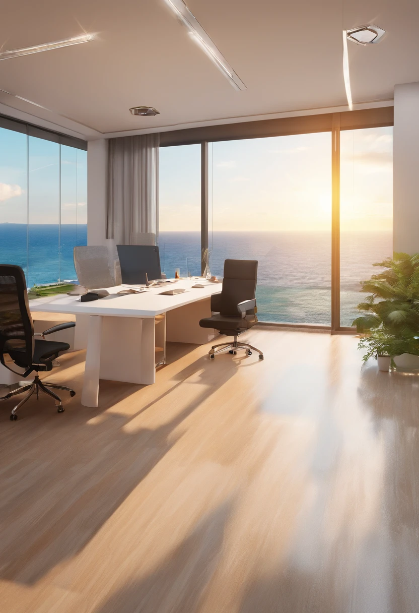Office with panoramic sea view, mesas e cadeiras pretas, paredes brancas, LED lighting, piso em marmore