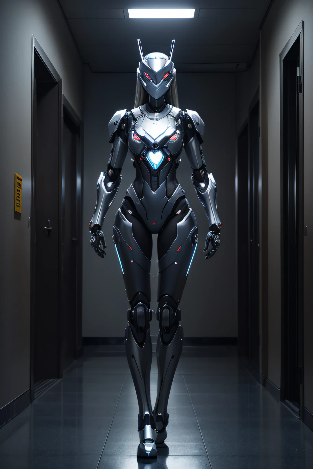 Female combat robot waiting in the hallway of school at night Mechanical whole body Mechanical arm mechanical legs Intimidating Moonlight shining through the window There is no other light, nffsw, retinas, masutepiece, ccurate, Anatomically correct, Textured skin, Super Detail, high details, High quality, Best Quality, hight resolution
