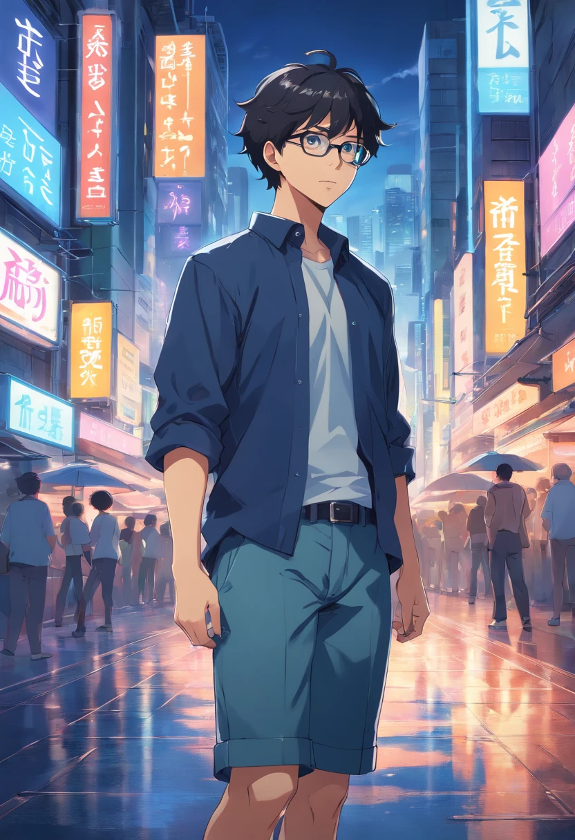 Short, permed curly hairstyle, black short-haired anime male, wearing glasses, 40 years old, full body, wearing dark blue set-up, white shirt, cyberpunk city