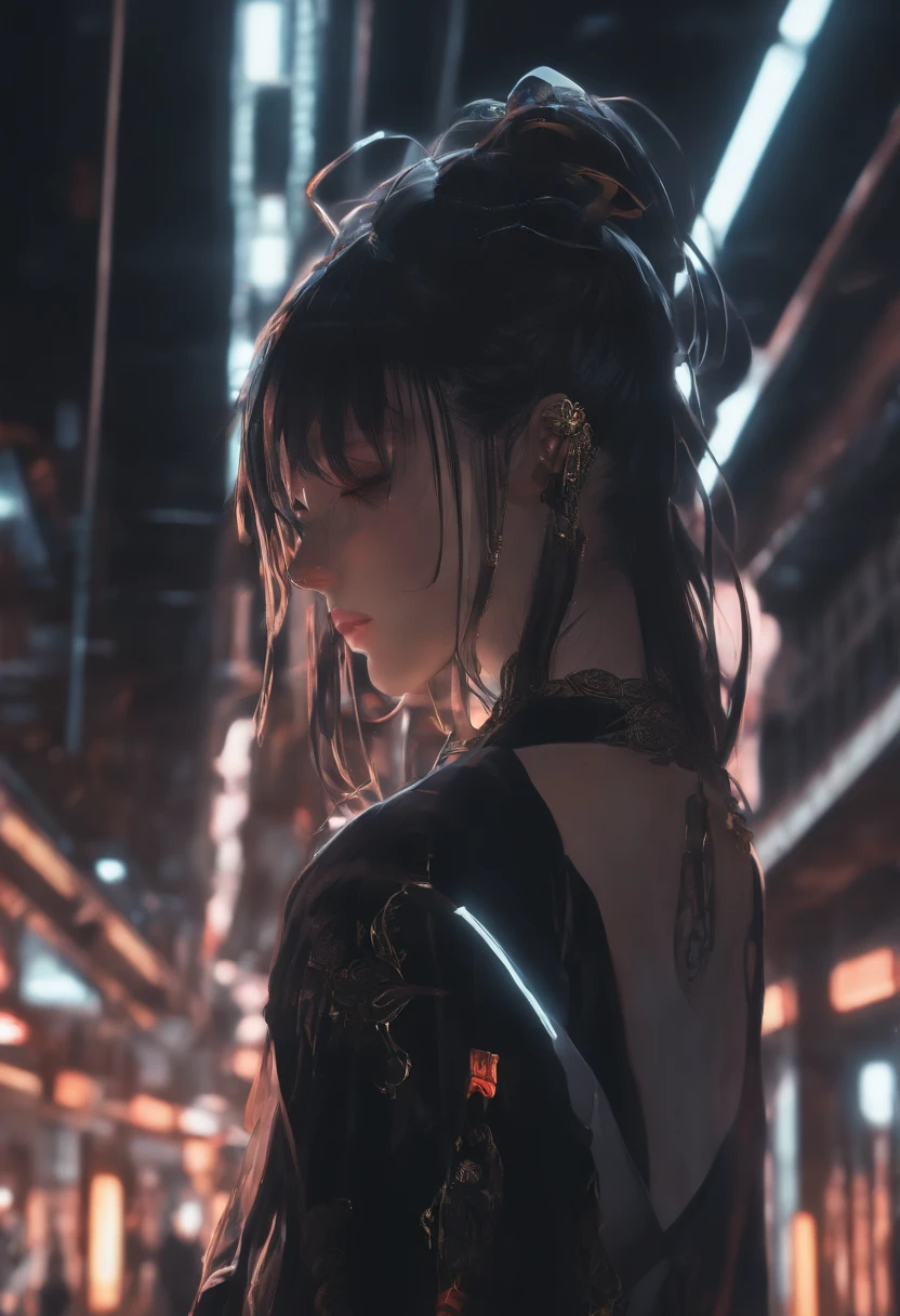 cyborg girl Aesthetics Japanese Anime Sad Girl, fundo preto, de frente para longe, sad vibes,  Costas expostas, pele das costas, Showing back, Alta Tecnologia,