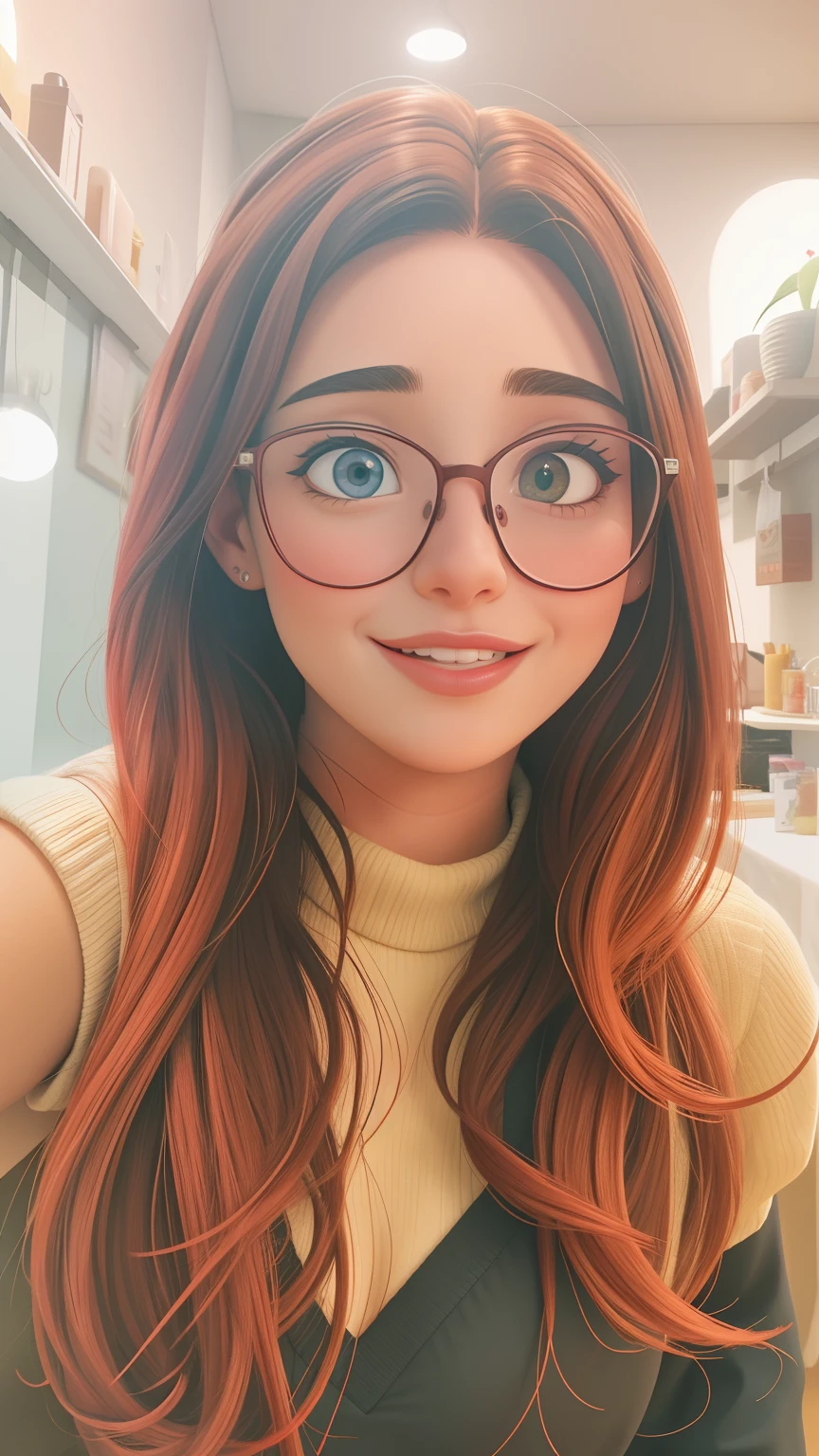 Uma mulher de 28 anos, com longos cabelos pretos com vermelho Rosto redondo, sorriso encantador, e olhos castanhos, wearing glasses.