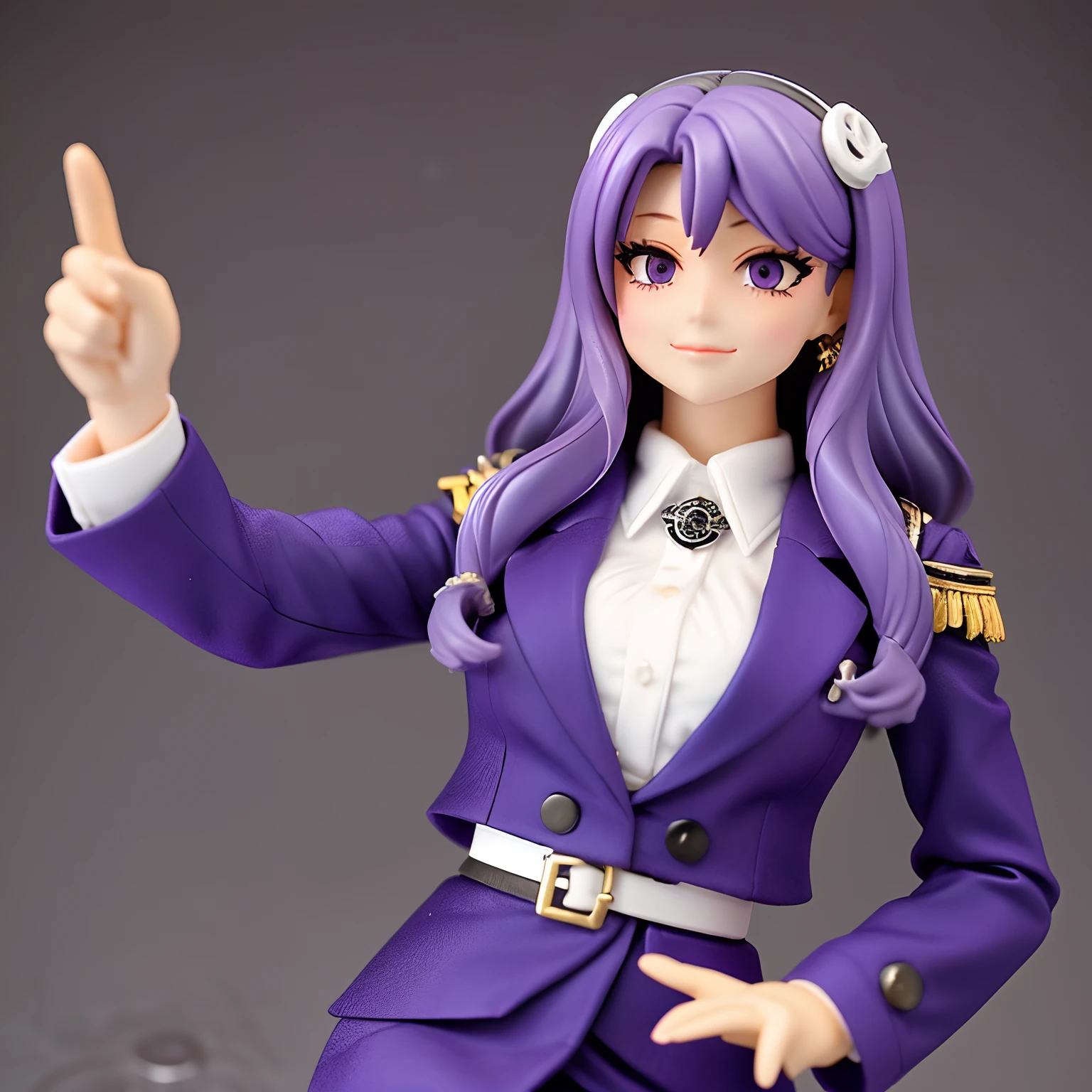 nendoroid、Purple hair、Long hair、simple background、One hand is on the hip、Pointing into the distance with one hand、Commander、Suits、skirt by the、Hanging eyes、Raised eyebrows、villainess、ssmile