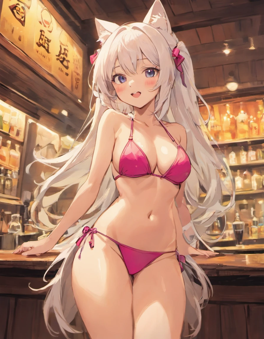 Bikini, Girl with medium breasts, long white hair, Cat ears, Thick thighs, full bodyesbian, playful pose, cheerful grin, sitting at the tavern,