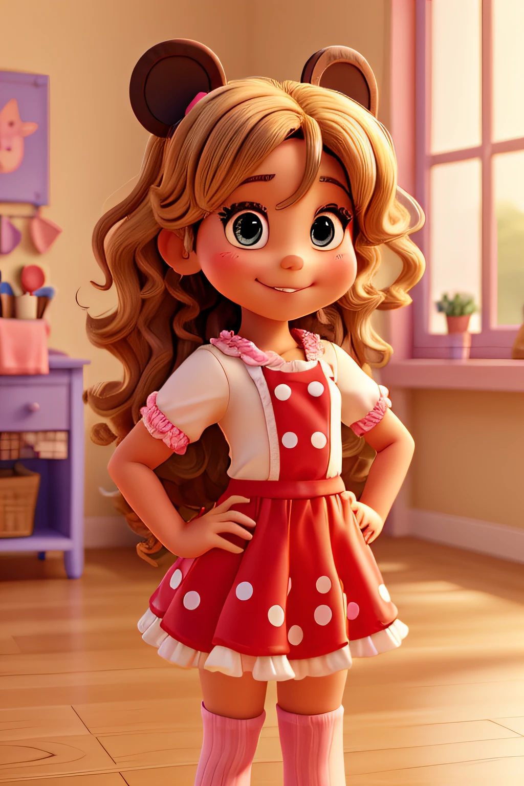 Create Minnie Mouse bakering with a  smiling brown eyes blonde curly hair at ends