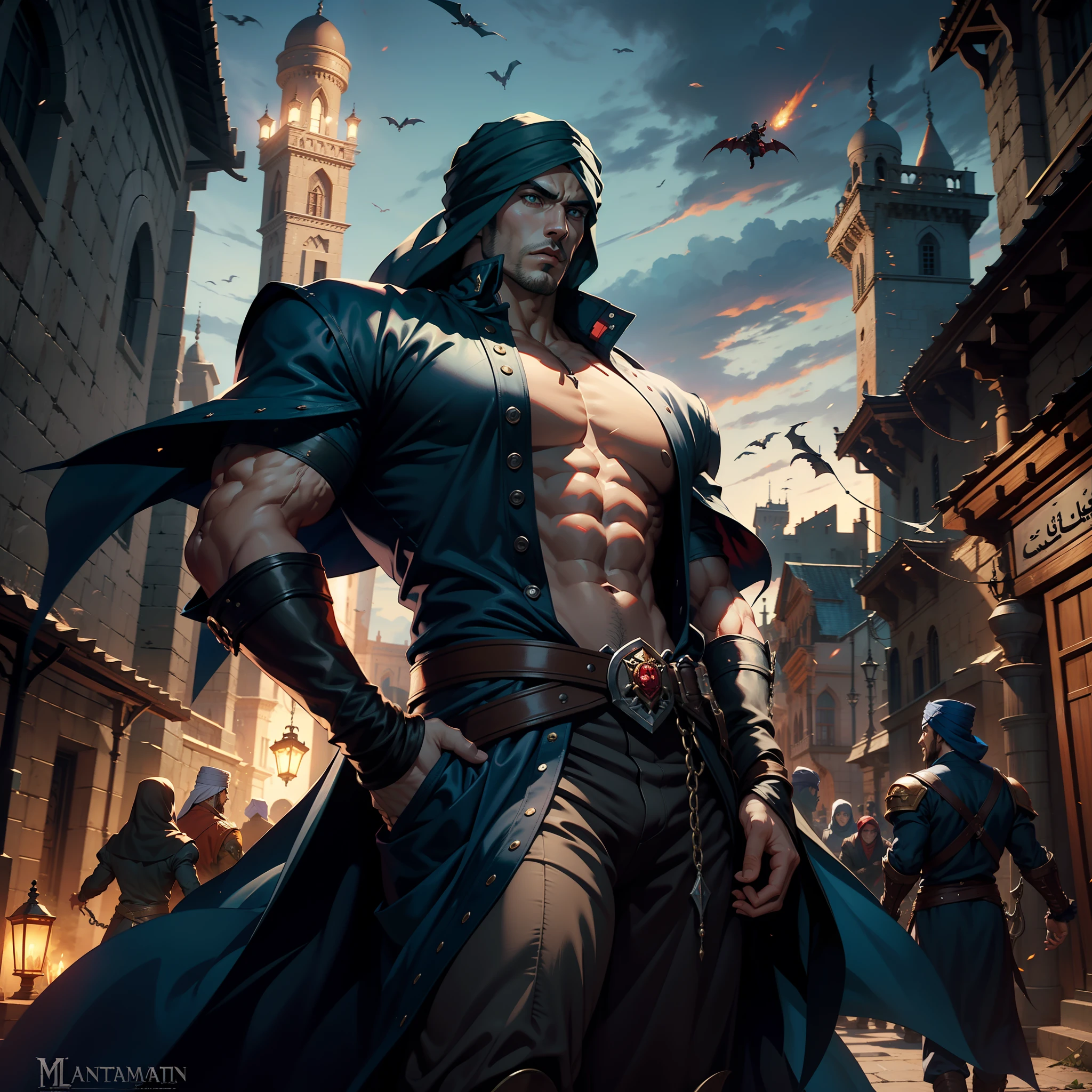 Castlevania Hyper Realistic Lord of Shadows Super Detailed Moroccan Arabic Lord Dracula Muscular Hokuto no Ken kenshiro , fearless, Handsome Scary Man Raised Moroccan Islamic Turban Castlevania Shadow Lords Leading Troops Armed with Demons