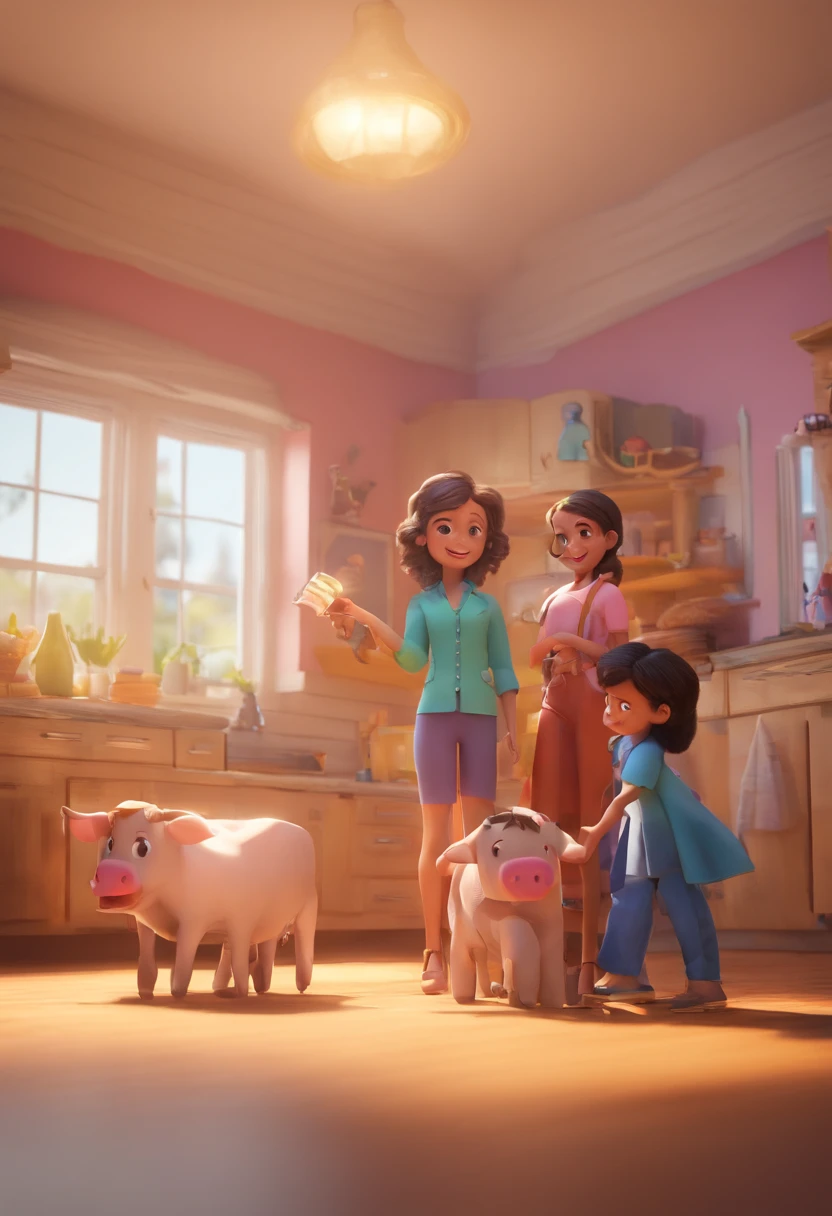 Estilo Pixar: Familia, Um pai, A mother and two girls. Uma de 6 anos e outro de 2 anos . Uma fazenda com vacas lindas e marrom .