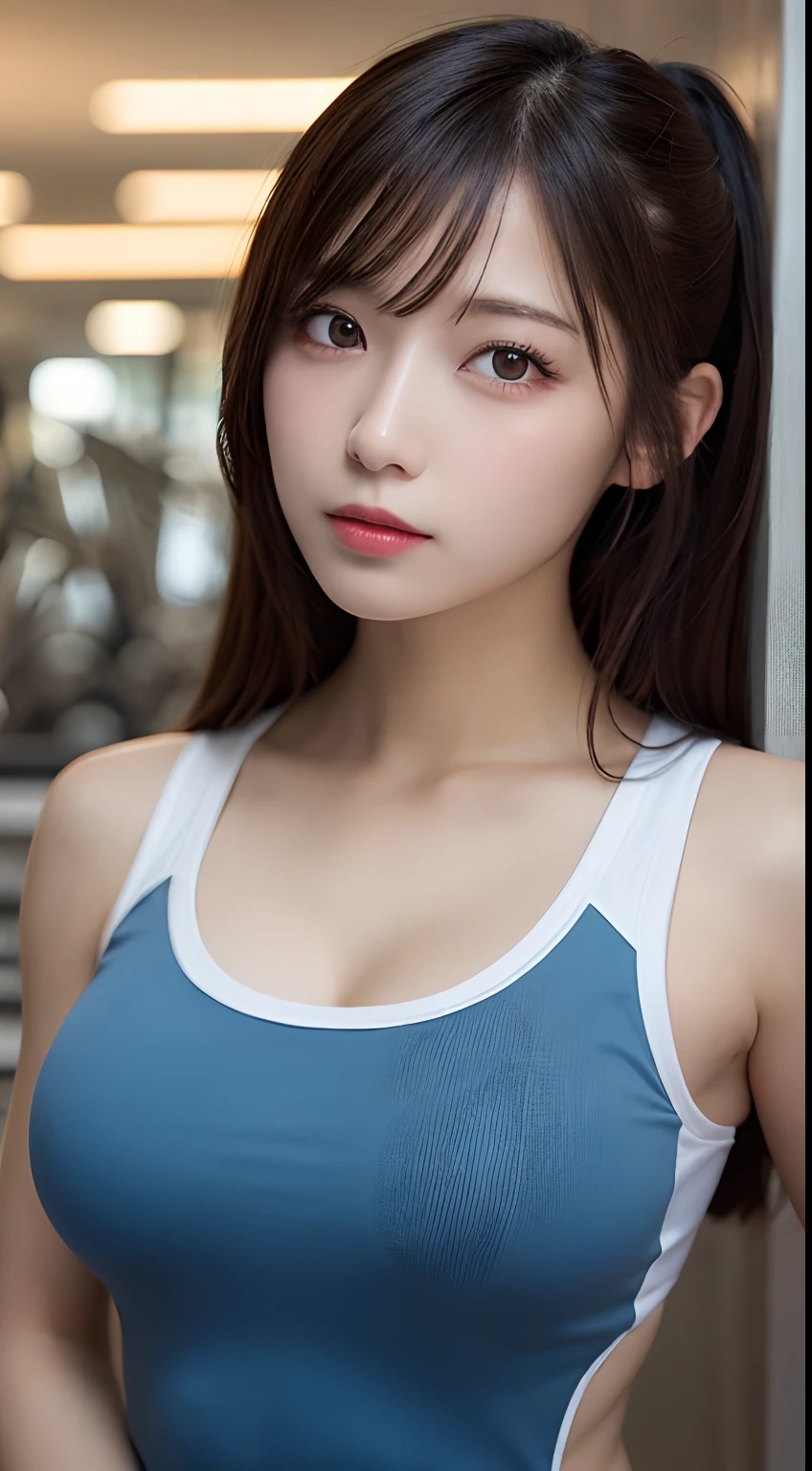 realistic photos of (1 cute Korean star) ponytail hair, thin makeup, medium breasts size, tank top and pants, exercise in the garden, clear facial features of Canon EOS, 8K high resolution, sharp and realistic details.