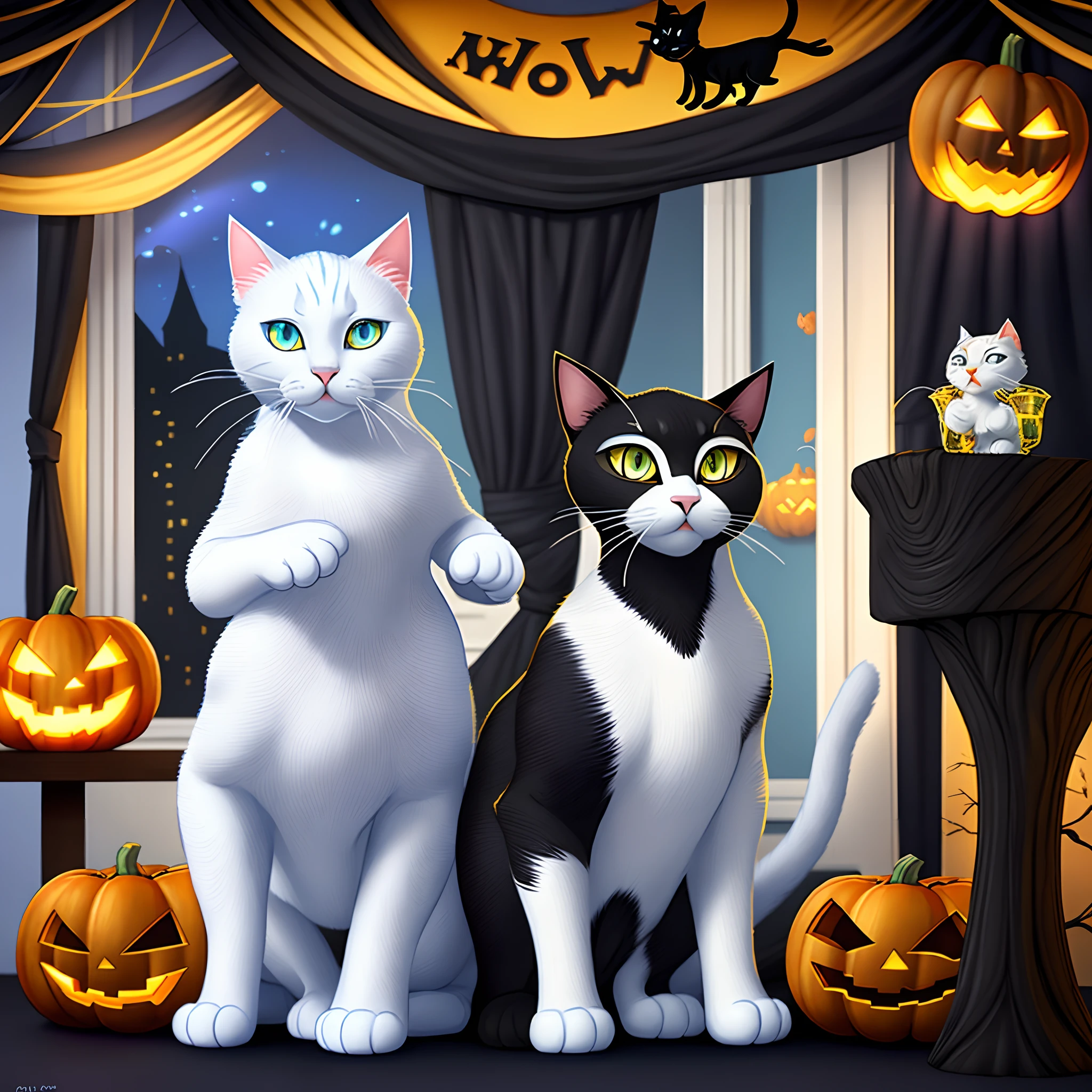 Draw a yellow-eyed black male cat next to a blue-eyed white female cat, the black cat is slightly larger than the white cat and both in the Pixar 3D animation style. In the background, display a Halloween decoration.