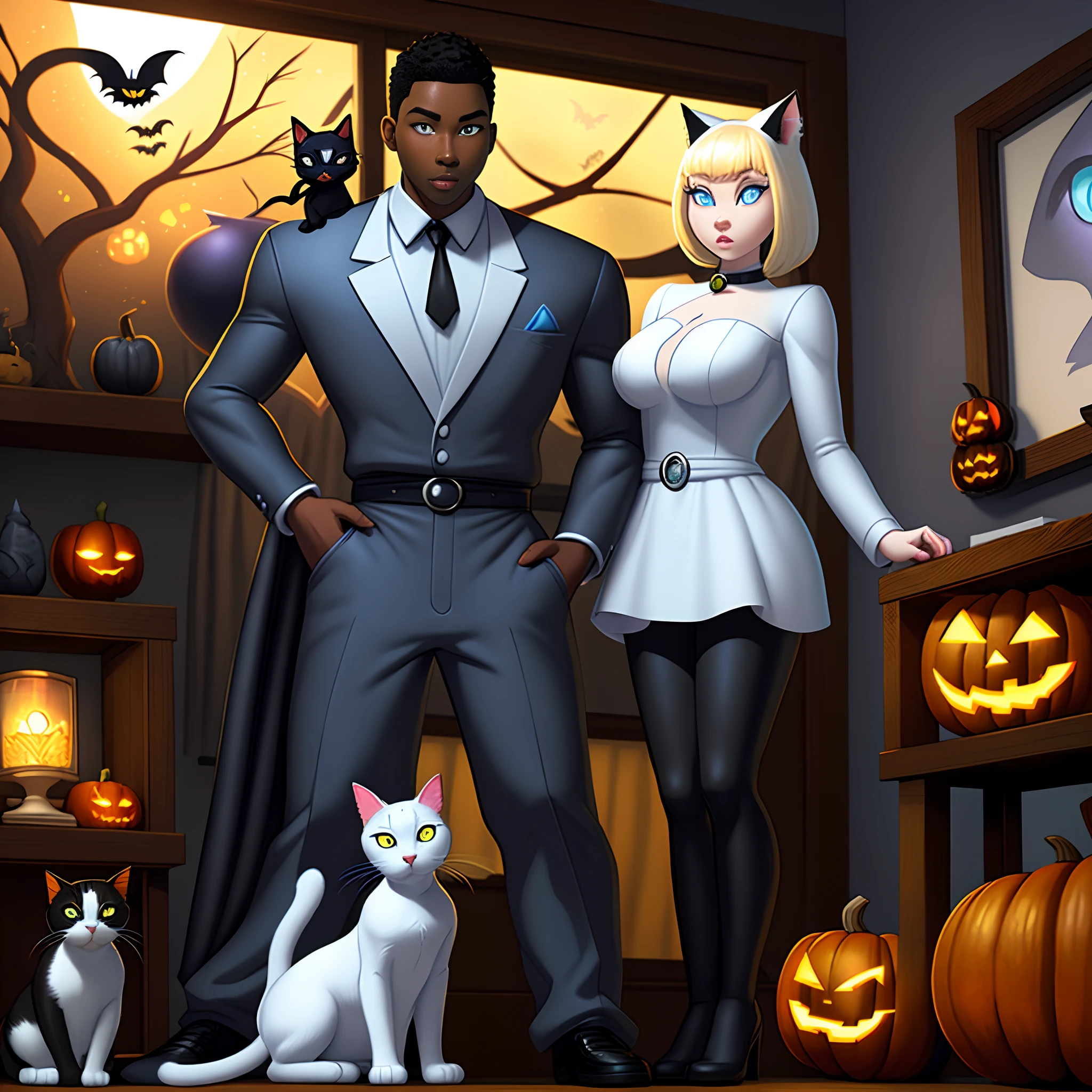 Draw a yellow-eyed black male cat next to a blue-eyed white female cat, the black cat is slightly larger than the white cat and both in the Pixar 3D animation style. In the background, display a Halloween decoration.