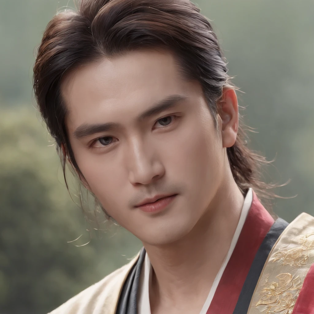 (Masterpiece),(Best quality:1.0), (超高分辨率:1.0), Detailed illustration, 8K, anime, 1 man，hair messy，The face is white，Wearing a nine-splendid embroidered drape，Holding a Fuxi qin，Sallow complexion，Eyebrows are clear，Tall，Muscle lines are pronounced，Standing on a high mountain