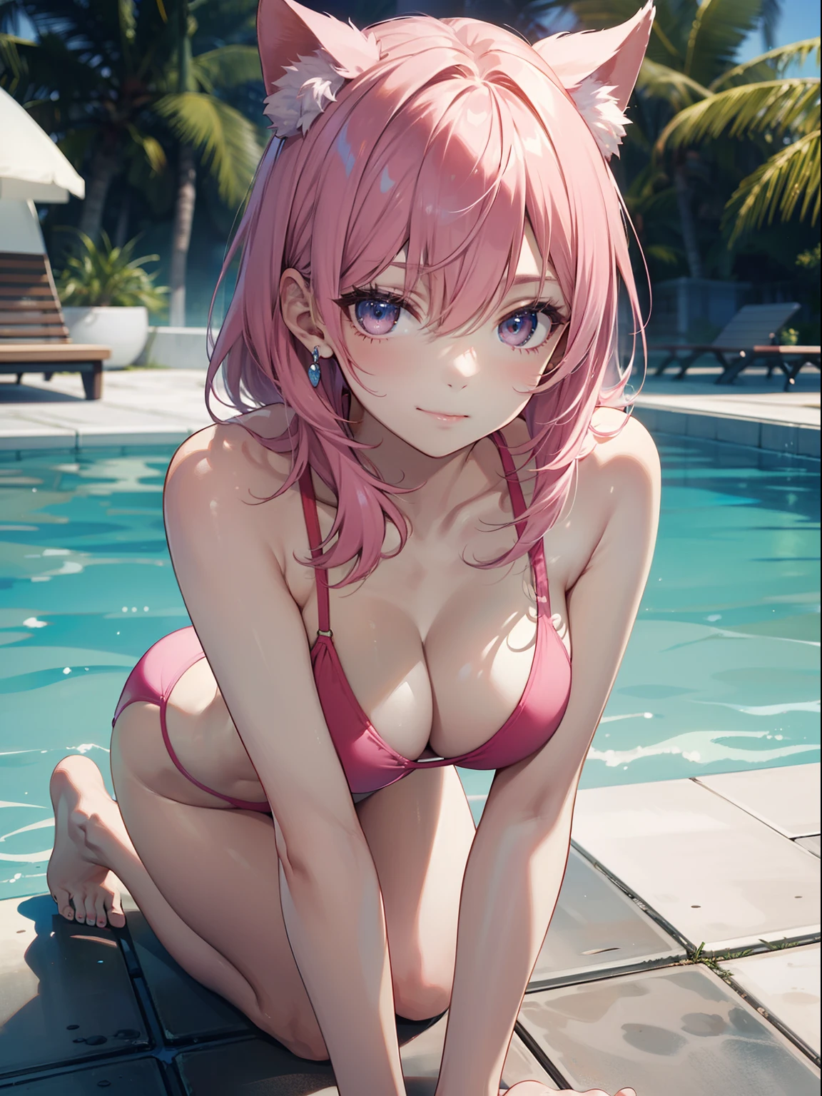 The ultra -The high-definition、high-level image quality、top-quality、Full feet and hands、complete fingers、Beautuful Women、1 persons、pinkhair、ssmile、Pink swimsuit、sprawl、all-fours