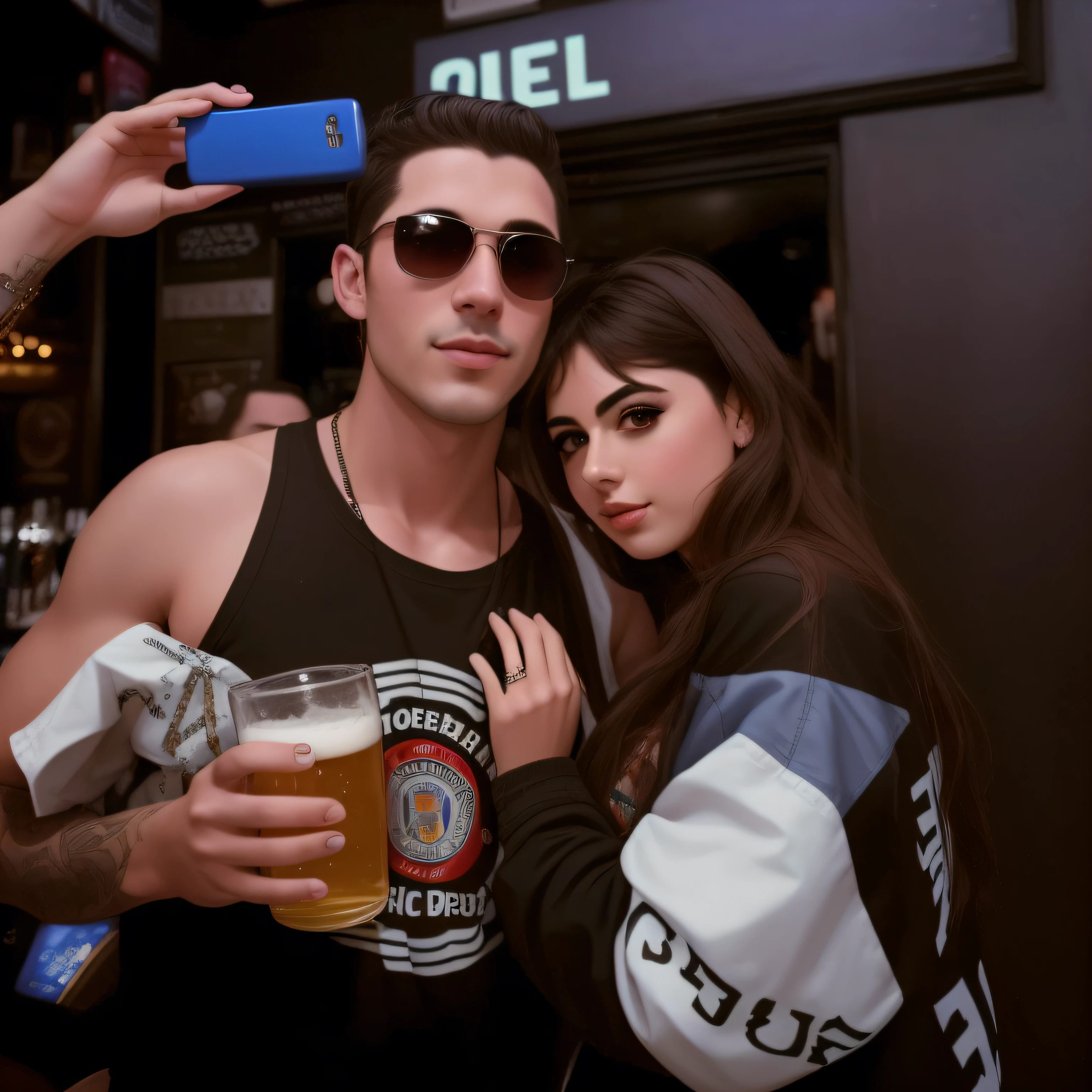 They're posing for a photo with a beer in a pub, com octanagem, segurando uma cerveja!!, shot onfilm, chillin no clube juntos, by Amelia Peláez, 8k 50mm iso 10, festa industrial, Marischa Becker, foto de perfil, maxwell boas, foto do snapchat, Charli Bowater e Artgeem, ska esqueleto e namorada