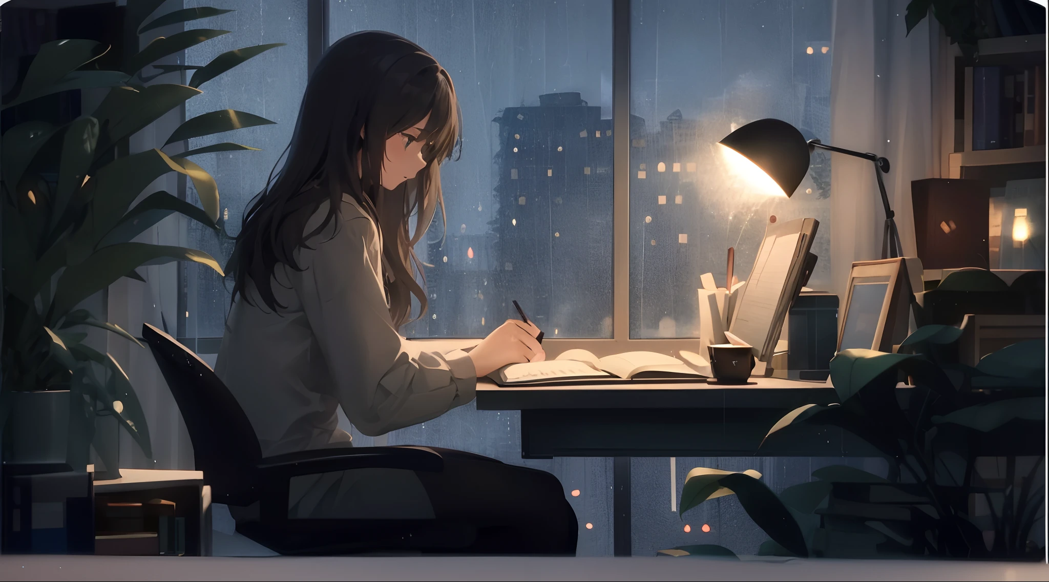 Animation style, Long-haired woman sitting at desk and studying in notebook, It's raining outside the big windows, Bookshelf with lighting and picture frames, There is a plant