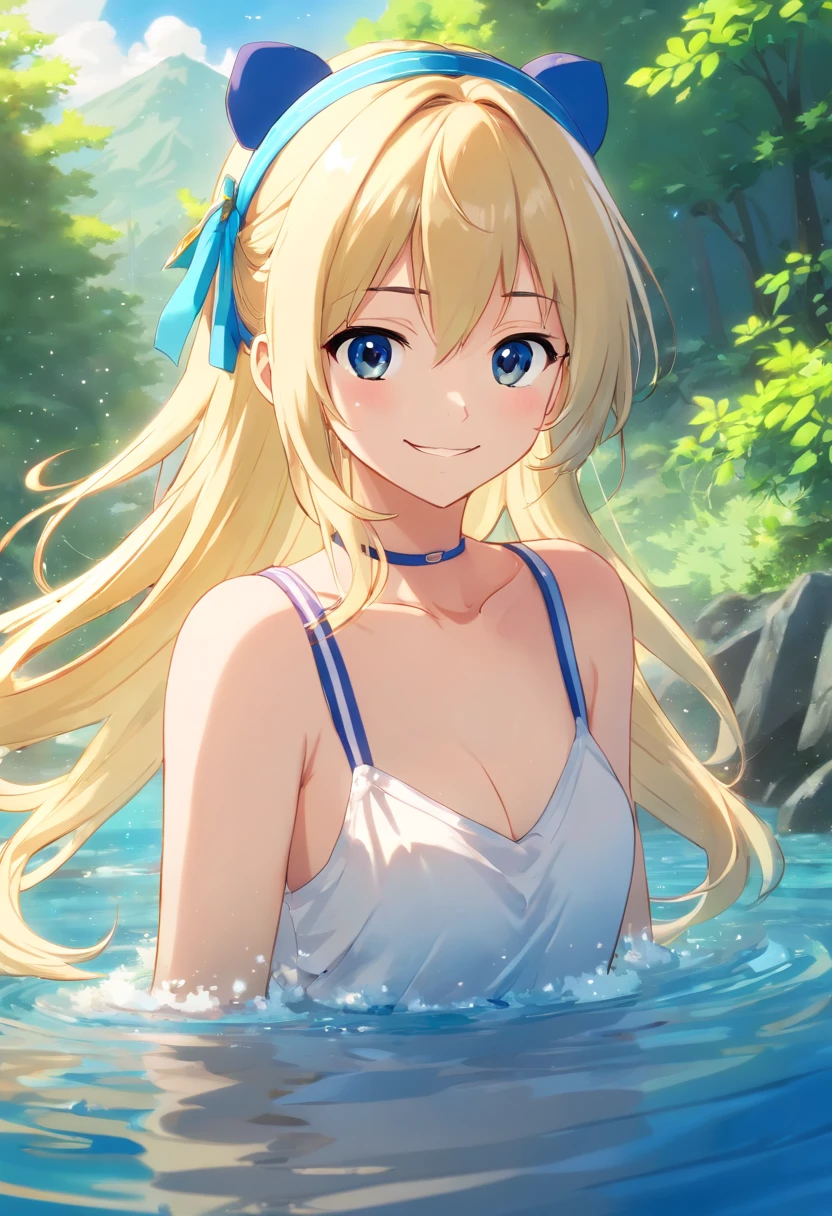 Beautiful illustration, best quality, cute girl, ((In a forestt)), pastel color, natural tones, ((Straight Bangs)), ((Fox ears)), ((Looking at viewer)), ((Athletic body)), ((A towel wrapped around her body)), ((Sitting at a natural pool)), (Blush), bright lighting, ((Big eyes)), ((Embarrased)), ((Perfect hands))