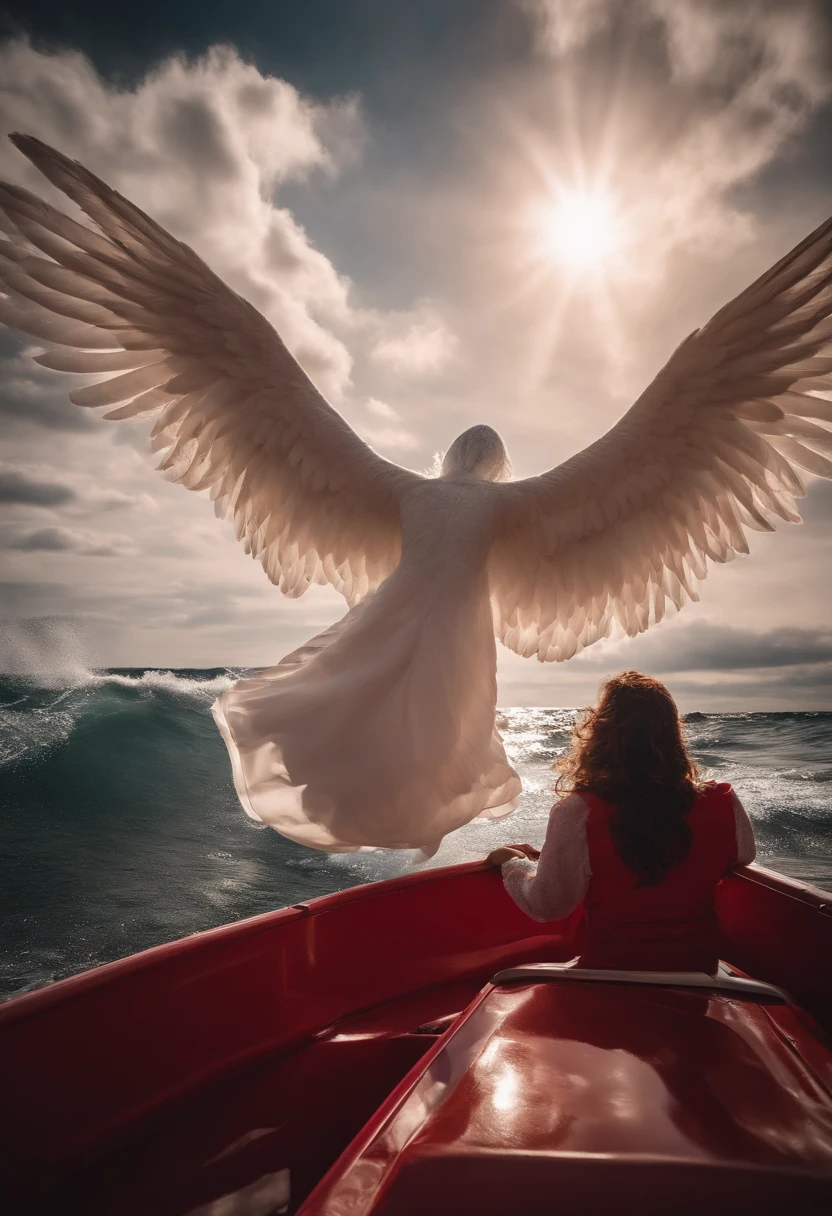 Araphedo on a red boat and a view of the big waves in the water, Infinite Angel Wings, Amazing reflections of the sky, Infinite Angel Wings, clouds and wings and waves, angels in the sky, beautiful angelic wings, the angel's wings, epic angel wings, Amazing skies, big white glowing wings, ethereal wings, Angel wings, bird wings, Amazing skies, Feathered wings