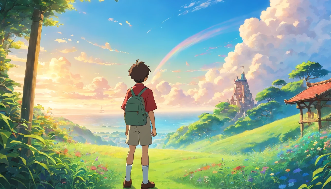 Fantastical、anime boy looking at sky, 8k , high resolution , garden